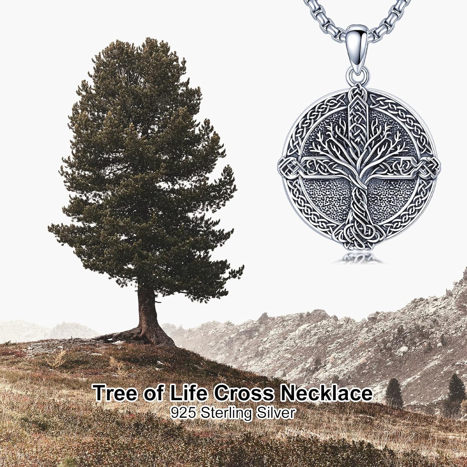 SIMONLY Tree of Life Necklace 925 Sterling Silver Cross Pendant Celtic Knot Necklace Religious Catholic Jewelry Christian Gifts for Men Women Unisex