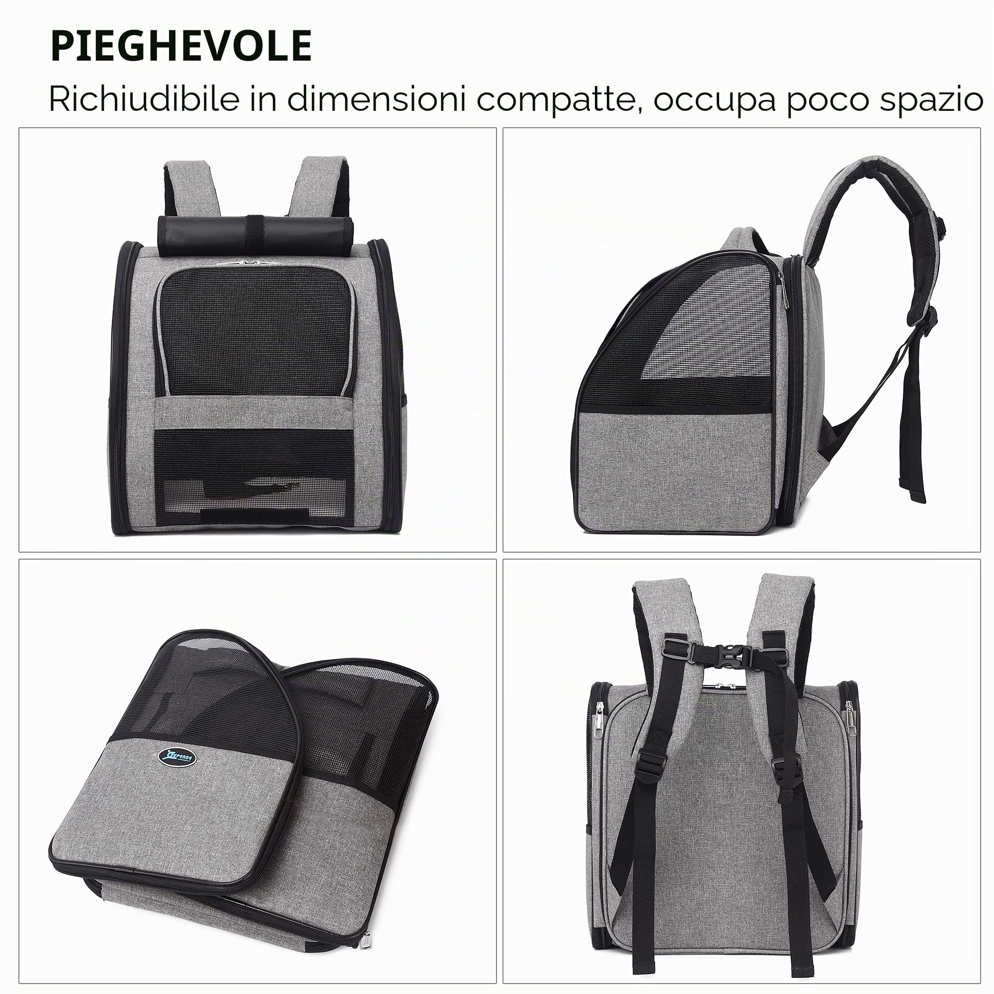 Zaino Espandibile per Cani e Gatti Approvato Compagnie Aeree Viaggi Escursioni Grigio