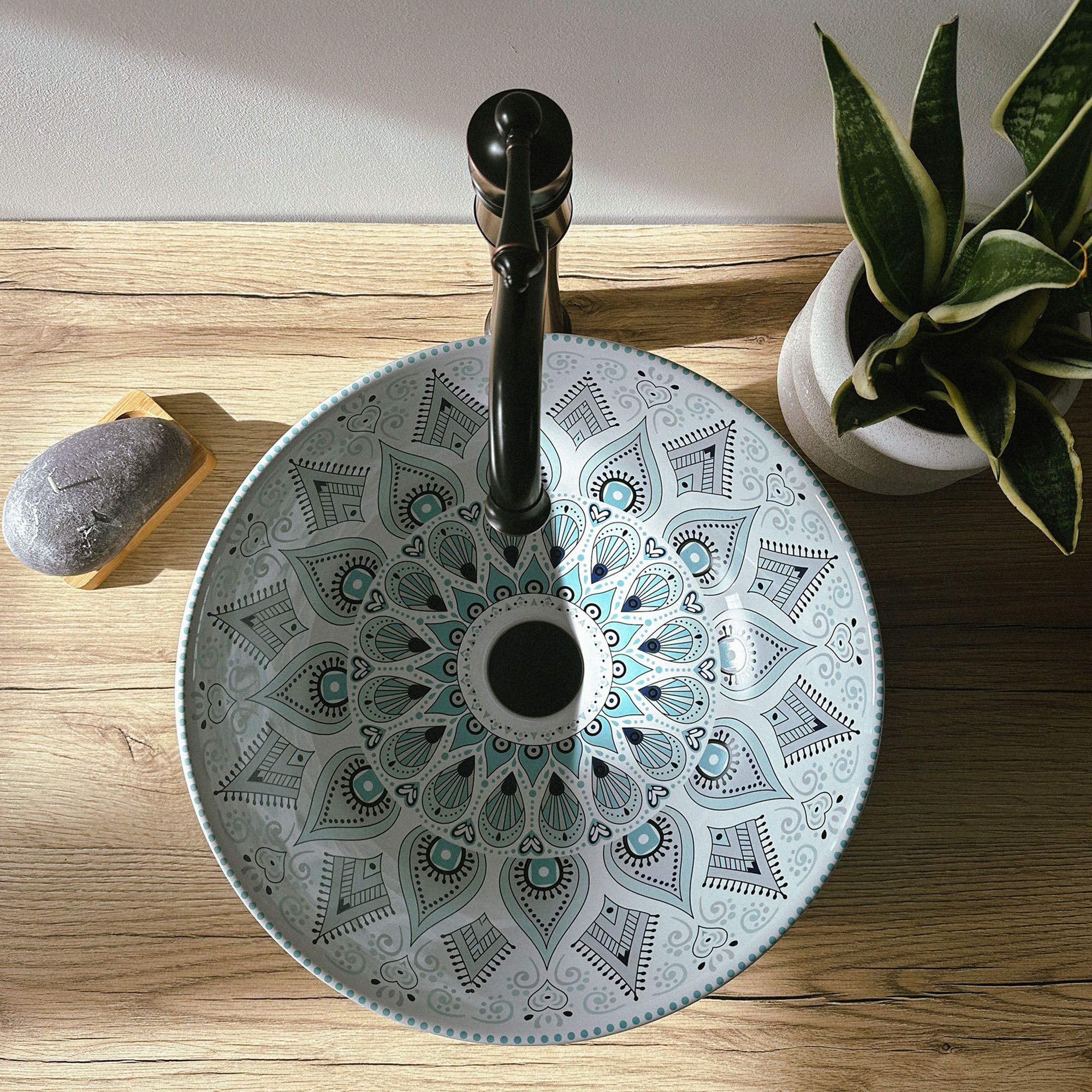 Lavabo Sobre Encimera Rea Mandala Blanco Azul