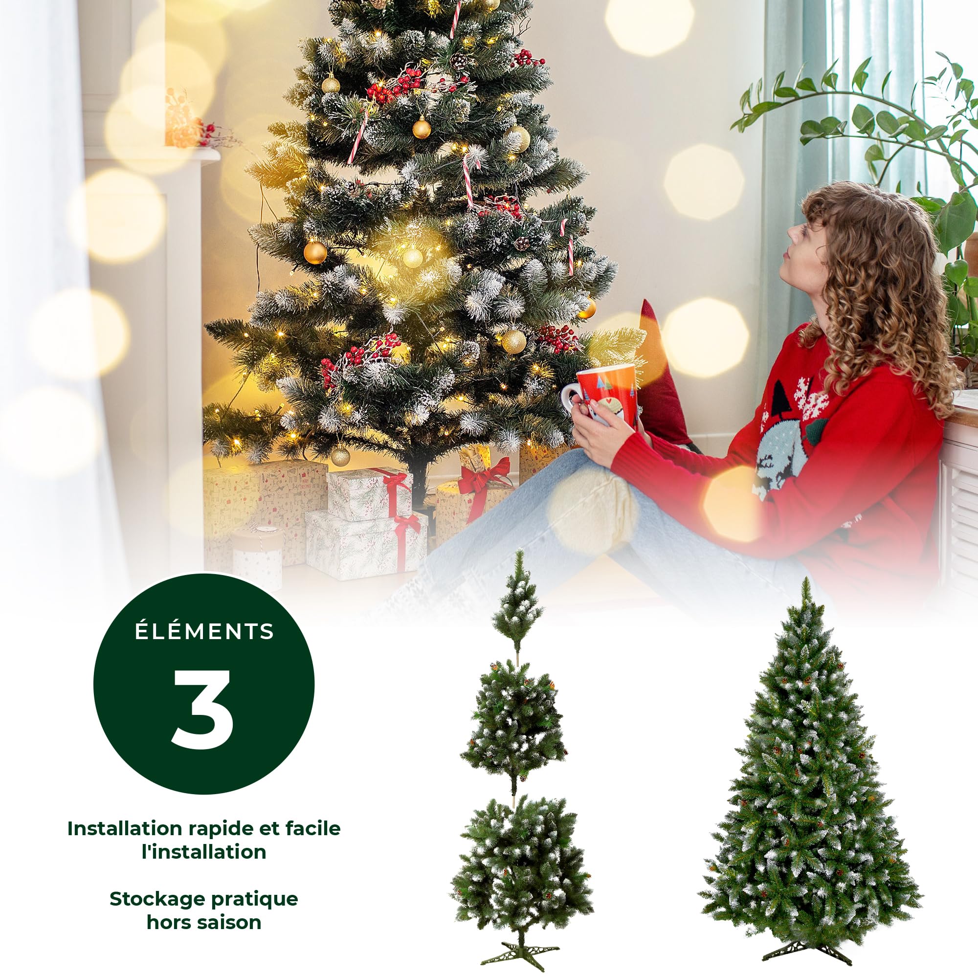 KADAX Sapin de Noël artificiel avec givre et cônes 220 cm, sapin vert avec 521 branches, env. 120 cm, pin en PVC avec support en plastique (renne 220 cm)