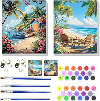 NEGEKFKX 2 Pack Beach Paint by Numbers Kit for Adults Beginner with Framed,Easy Adult Paint by Number Kits on Canvas DIY Painting for Beginners Art by Numbers for Home Wall Decor 10x12 Inch