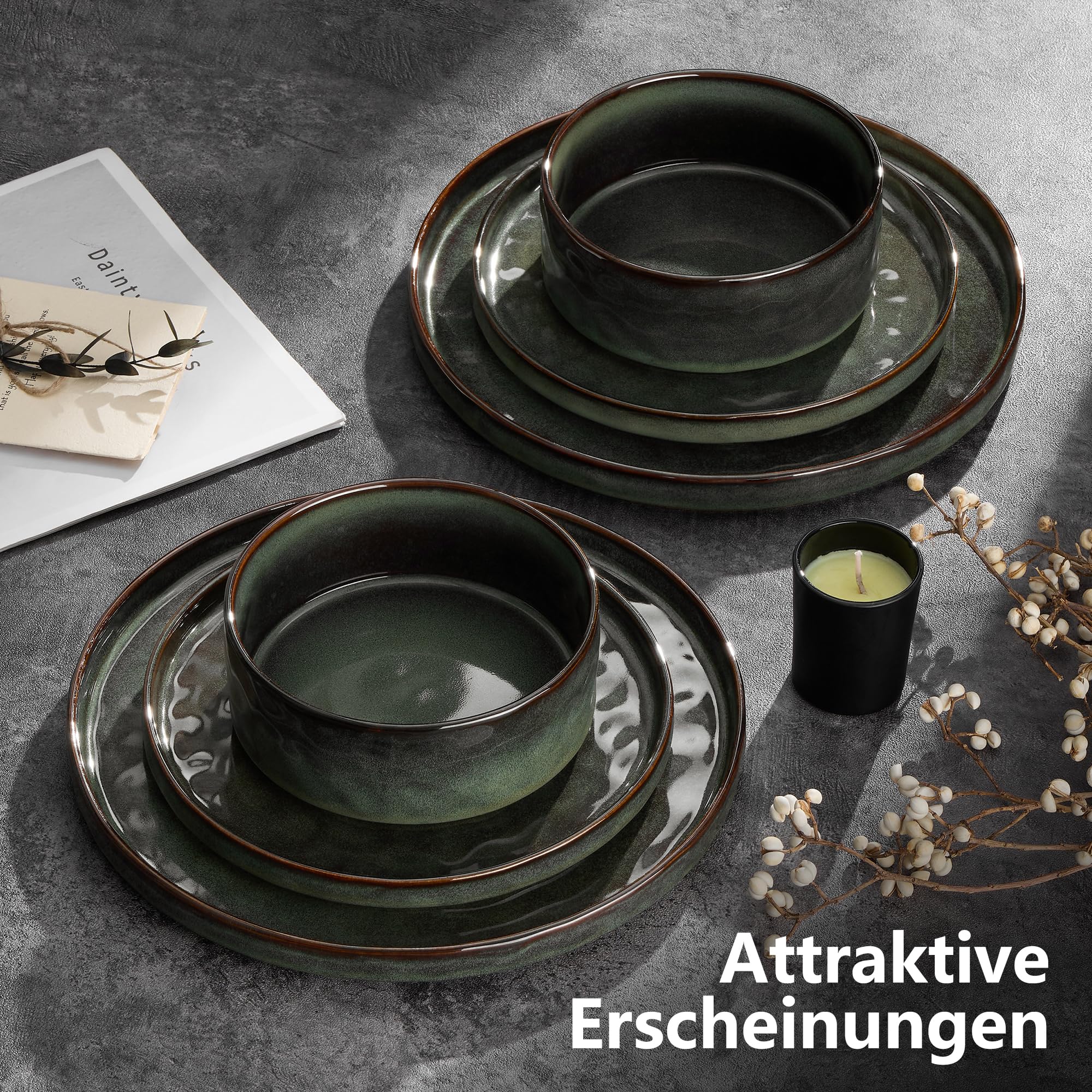 Geschirrset, Onader 18 Teiliges Steinzeug Tafelservice Set, Müslischalen, Speiseteller und Dessertteller Set für 6 Personen, Anti-Kratzer und Mikrowellenfest – Reaktives Moosgrün