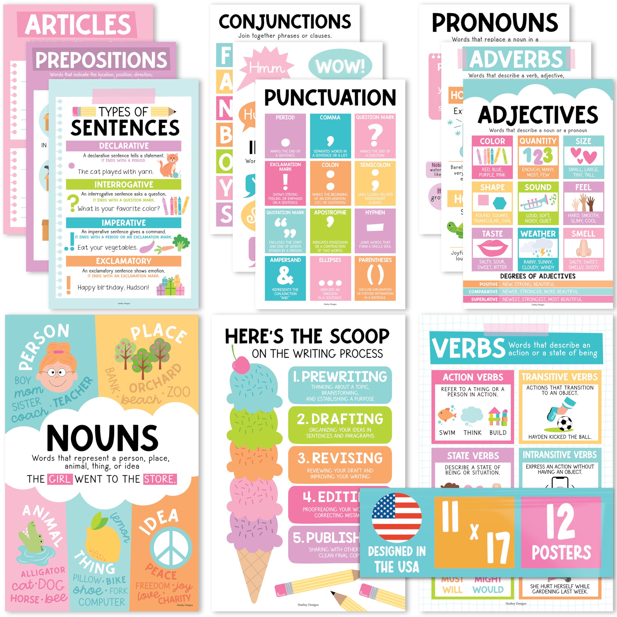 Hadley Designs Parts Of Speech Posters For Classroom - 12 Grammar Posters For Classroom Must Haves, Language Arts For Elementary & Middle School, Writing Process & ELA School, Pastel Class Decor