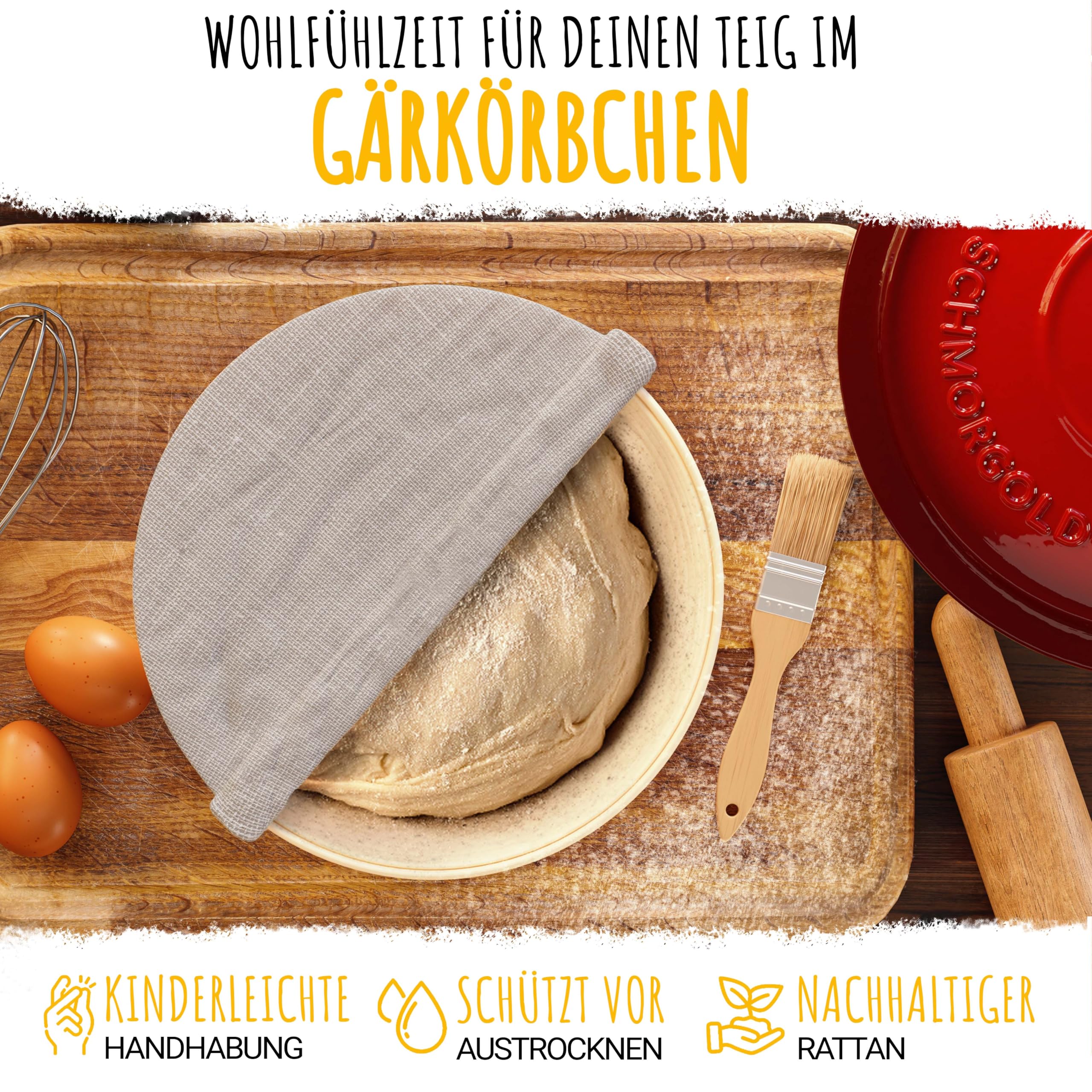Susani SCHMORGOLD Brotbackform 26cm inkl. Gärkorb - Gusseisen Topf zum Brot Backen - emaille Topf, Schmortopf Gusseisen, Brottopf, Brot Backen Zubehör