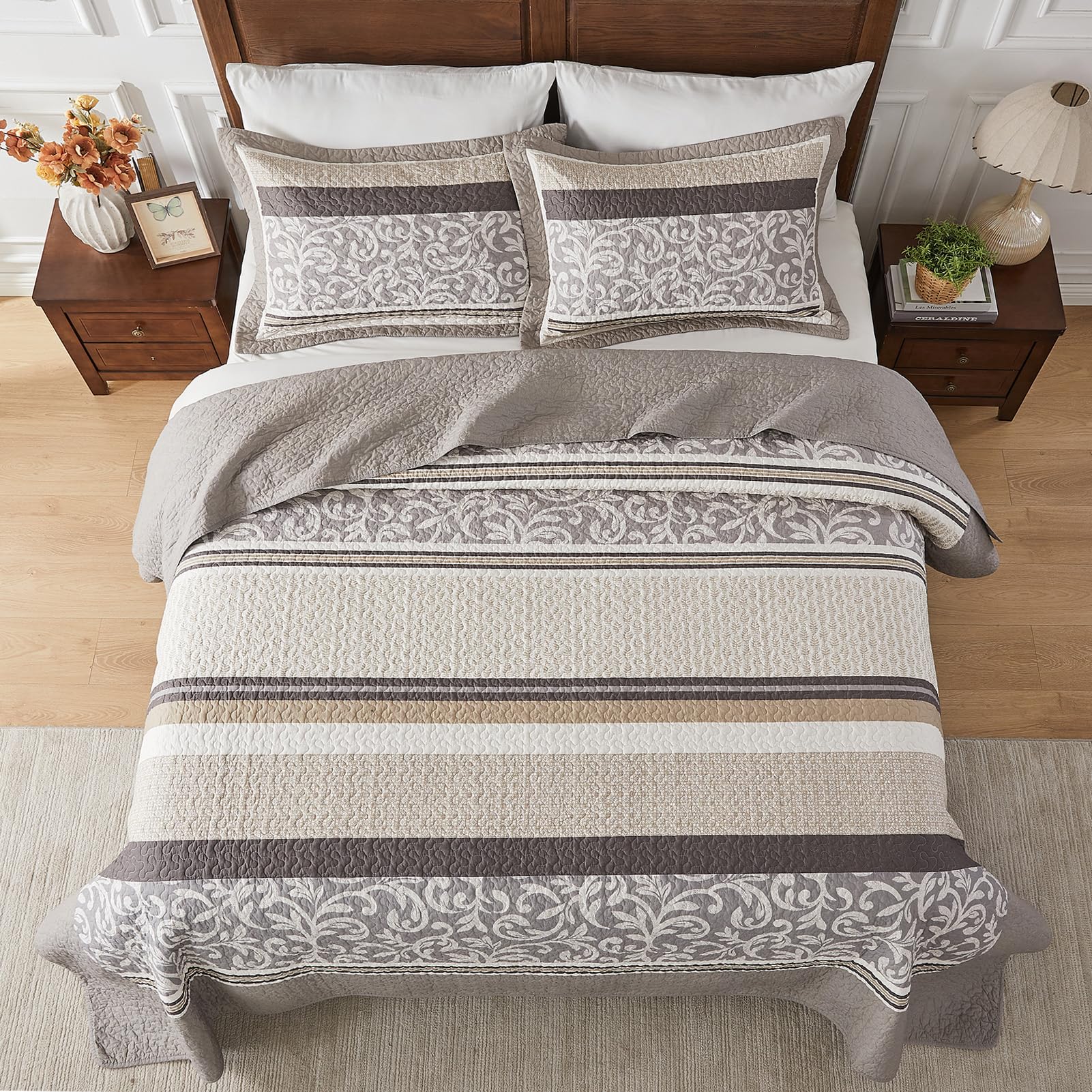 SahSahCasa Oversized 100% Cotton Coverlet – 128x120 Inch Lightweight Quilt, Brown/Beige/Wood Colors