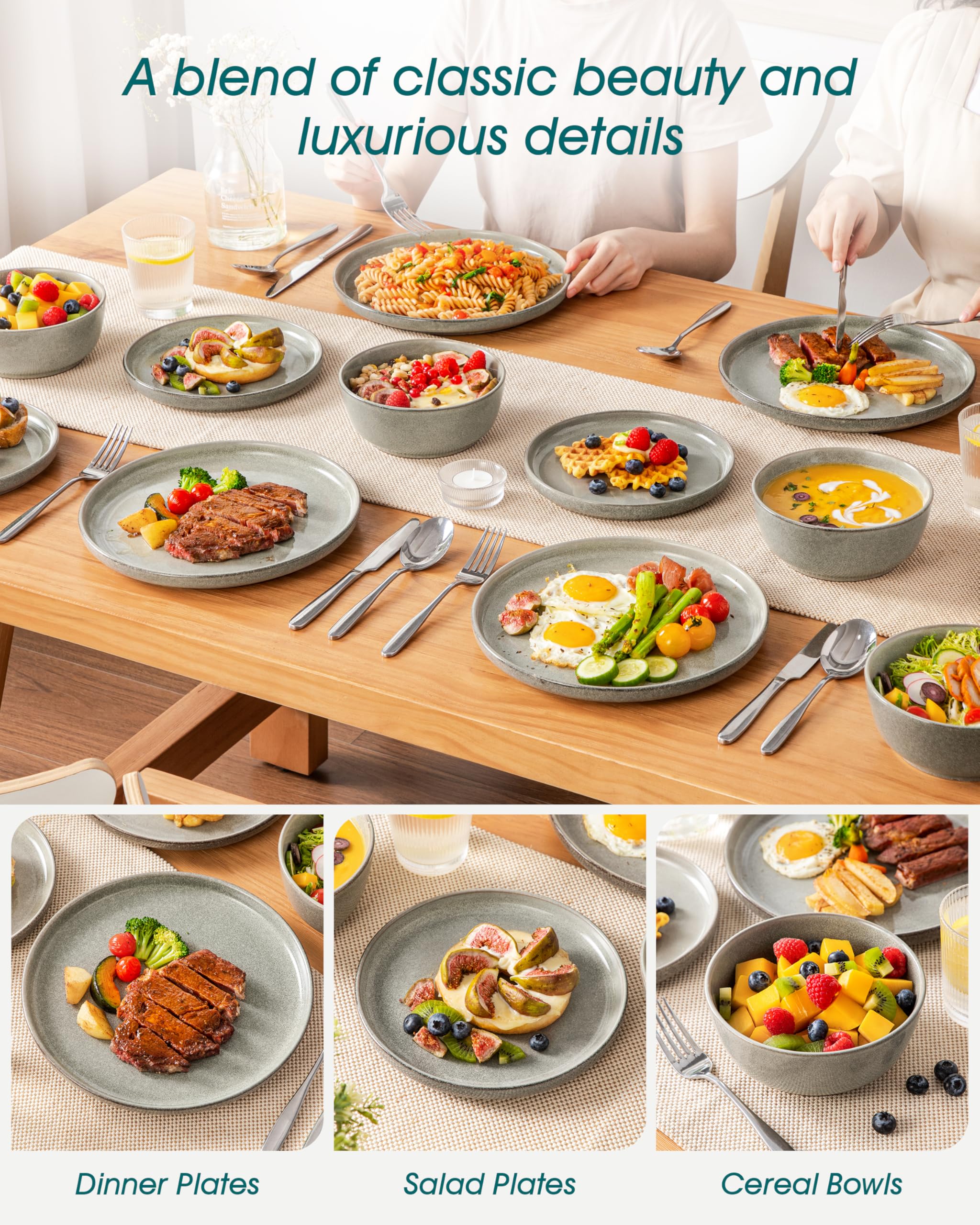 vancasso ANYA Servizio Piatti 18 Pezzi per 6 Persone, Set Piatti Moderni in Gres - 6 Piatti Piani, 6 Piatti Dessert e 6 Ciotole Cereali - Smalto Reattivo Marrone, Adatto per Microonde