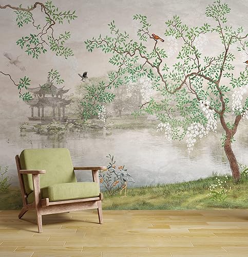 Miniatura 2 de Murwall Nature Wallpaper Japanaese Garden Wall Mural Misty Lake Landscape Wall Print Asian Style Birds Wall Art Livingroom Bedroom Entryway
