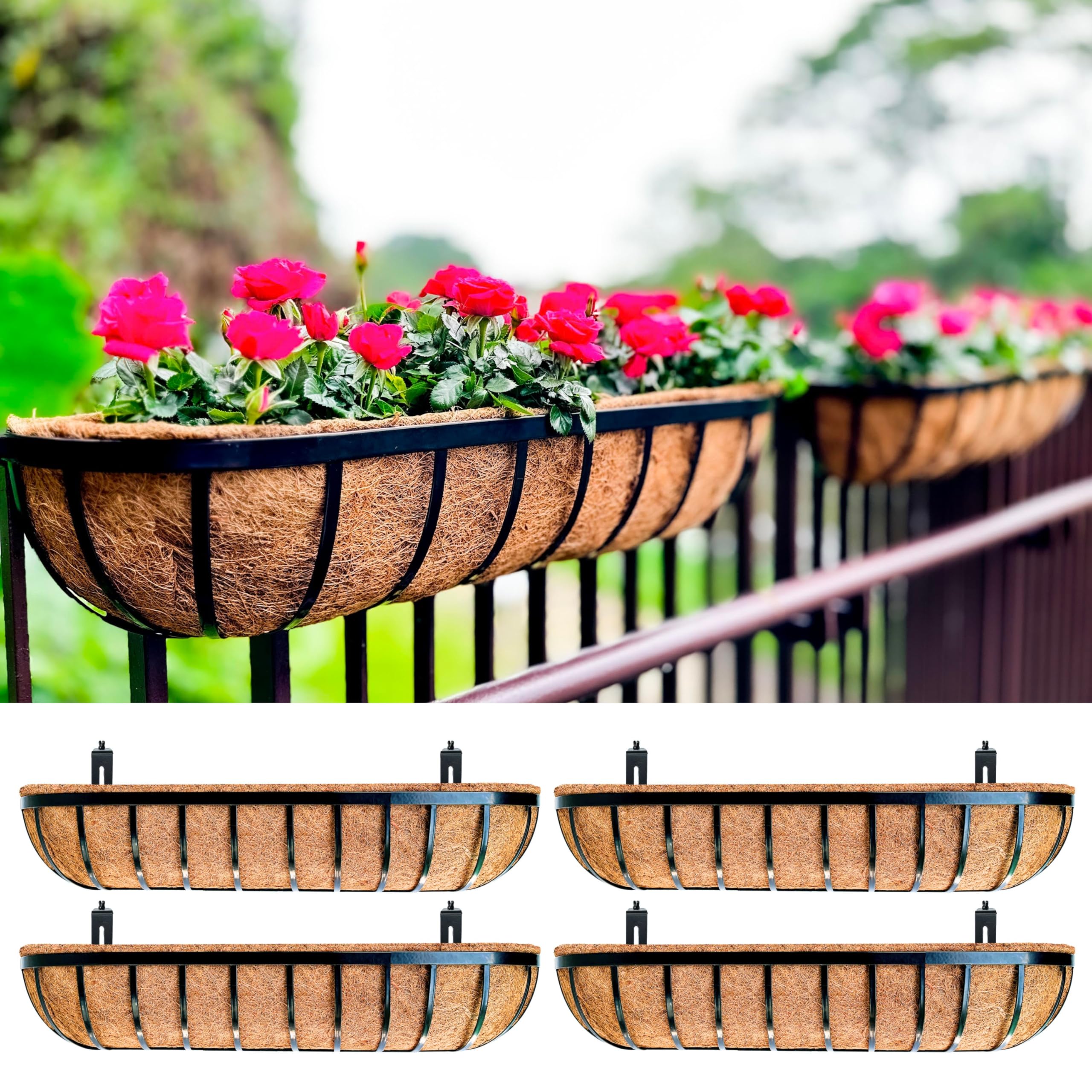 LaLaGreen Railing Planters Box (36", 4 Pack) Black Metal Rectangular Window Flower Box with Coco Liner, Extra Large Wall Hanging Planter for Outdoor Plants Deck Rail Fence Bracket Balcony Porch Decor