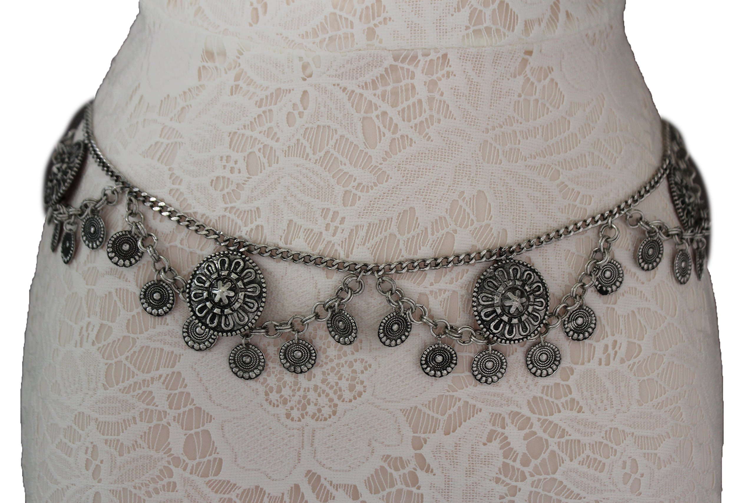 TFJ Women Fashion Belt Faux Leather Hip Waist Silver Metal Hook Buckle Size S M Black