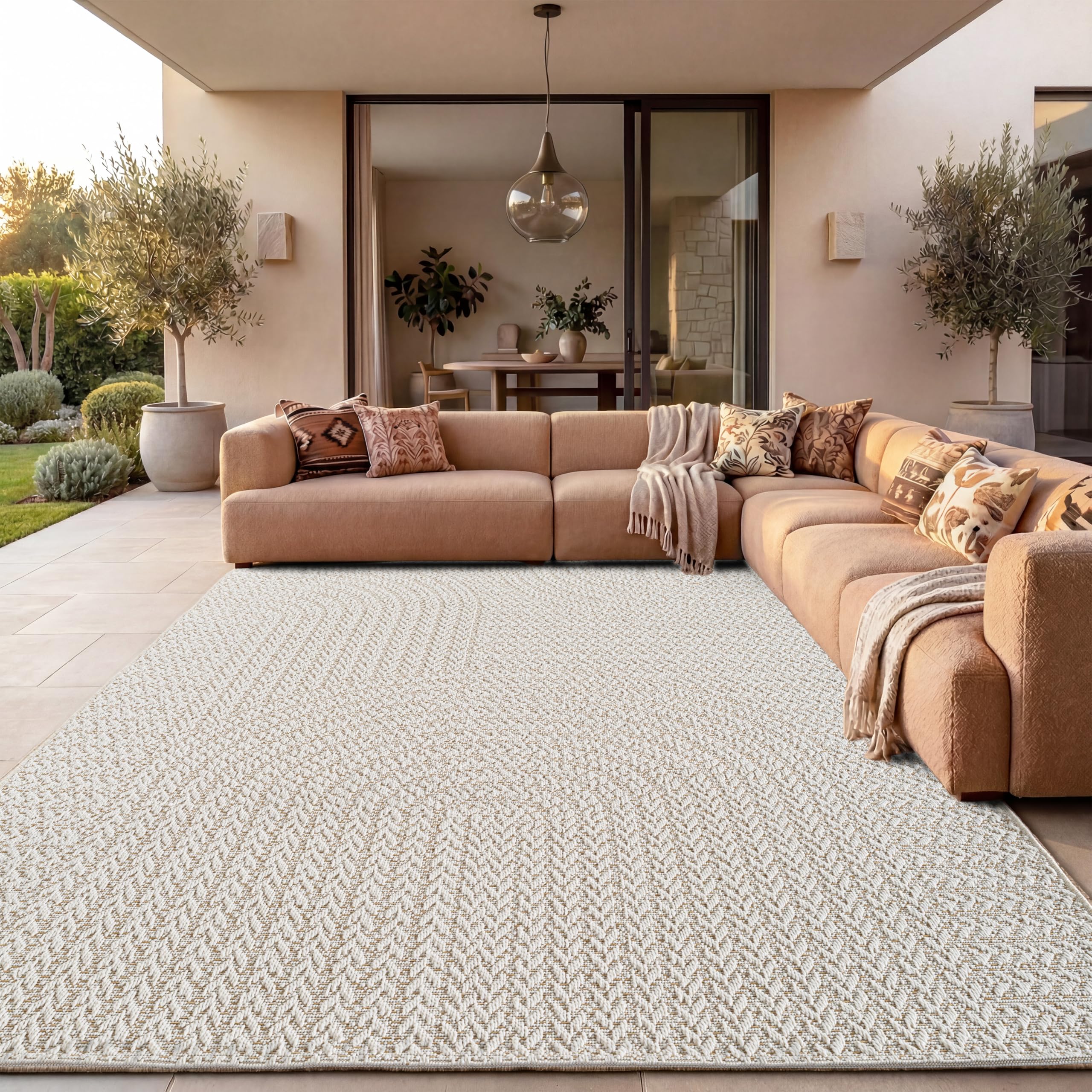 Paco Home Outdoor Rug Weatherproof Balcony Kitchen Rug Living Room Boho Design Solid Sisal Look Rainbow Pattern Modern Cream, Size:200x290 cm โ image 1