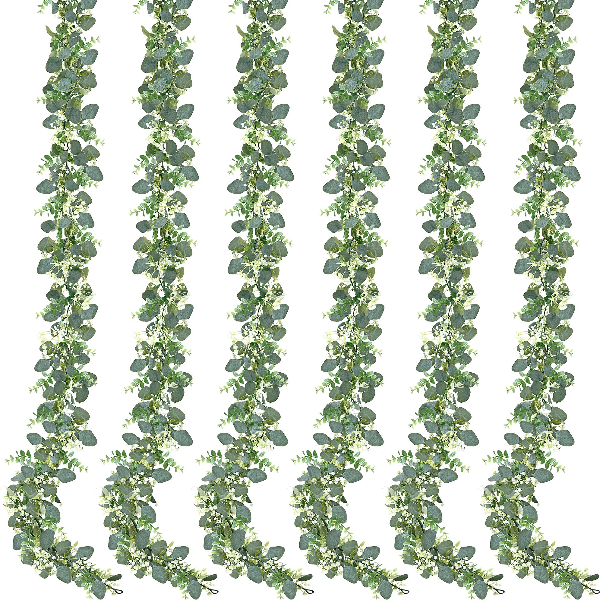 Sggvecsy Künstliche Eukalyptus-Girlande, Eukalyptusblätter, Ranken, grüne Girlande, künstliche Silber-Dollar-Eukalyptusblätter für Tisch, Party, Hochzeit, Innen- und Außenbereich, Heimdekoration, 6