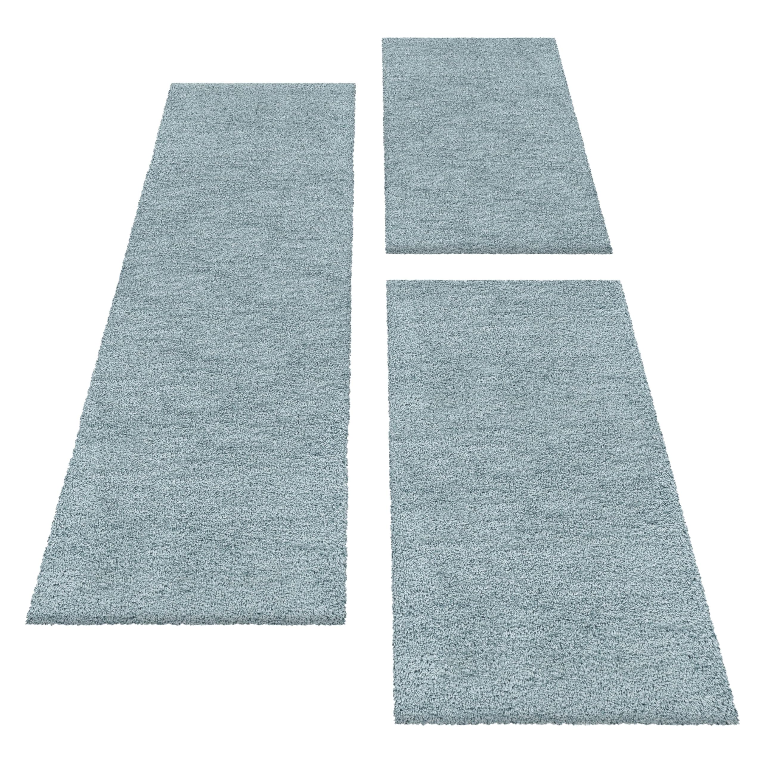Carpettex Bettumrandung Schlafzimmer 3teilig Shaggy Teppich Hochflor Läuferset Design Blau Bettset:2 mal 60x110 + 1 mal 80x150 - Bettvorleger Schlafzimmer Flauschig Langflor Bettumrandung Teppich Set