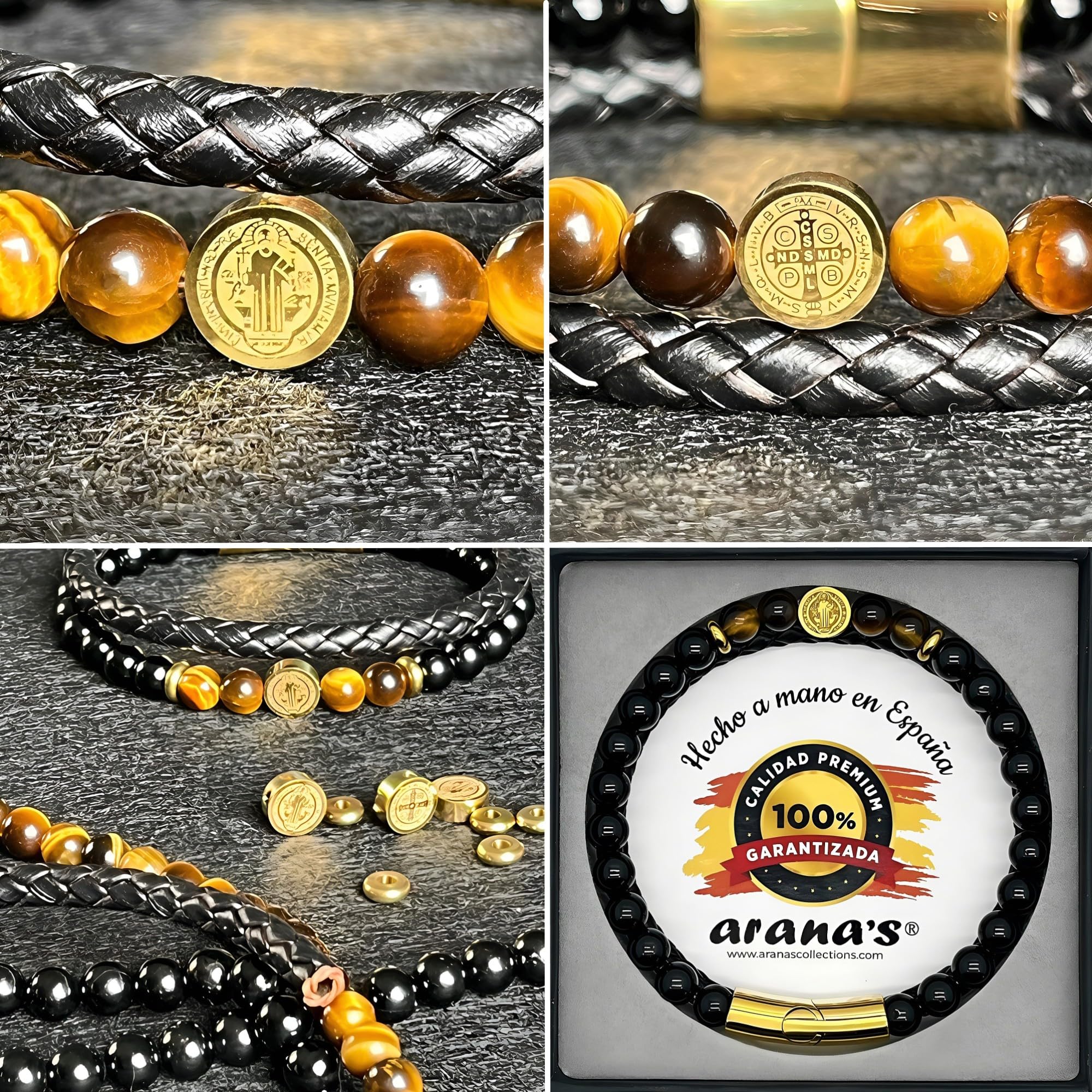 arana's® - Pulsera Medalla Cruz San Benito - Turmalina negra y cuero genuino - Pulsera ajustable hasta 21,5 cm - Protección contra mal de ojo y malas energías - Sanación y curación