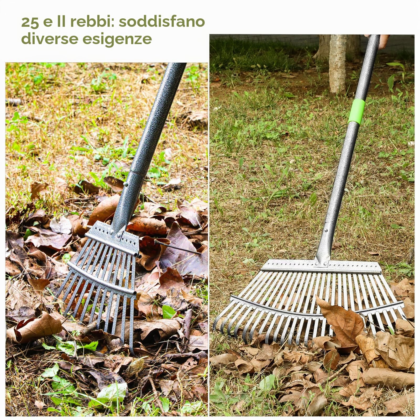 Rastrello Giardino, 25+11 Denti Rastrello per Foglie, Manico Regolabile 70-185 cm, Robustissimo per Giardino, Cortile, Terreno, Erbacce e Prato, Include 2 Paia di Guanti