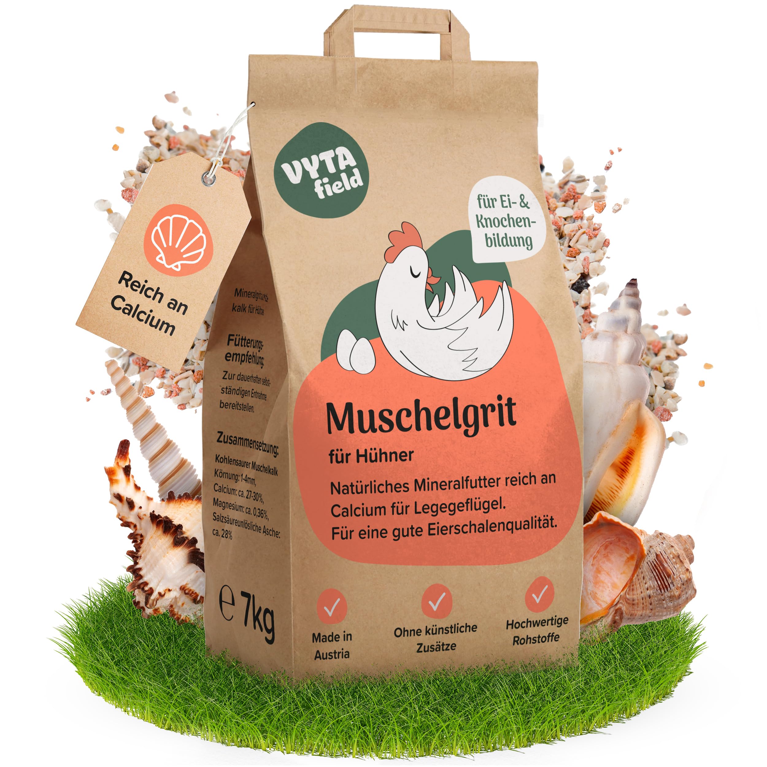VYTAfield® Muschelgrit für Hühner | Natürlicher Futterkalk für Geflügel | Reich an Calcium | Grit für Hühner & Vögel | 7kg Mineralfutter | Ohne künstliche Zusätze | Made in Austria