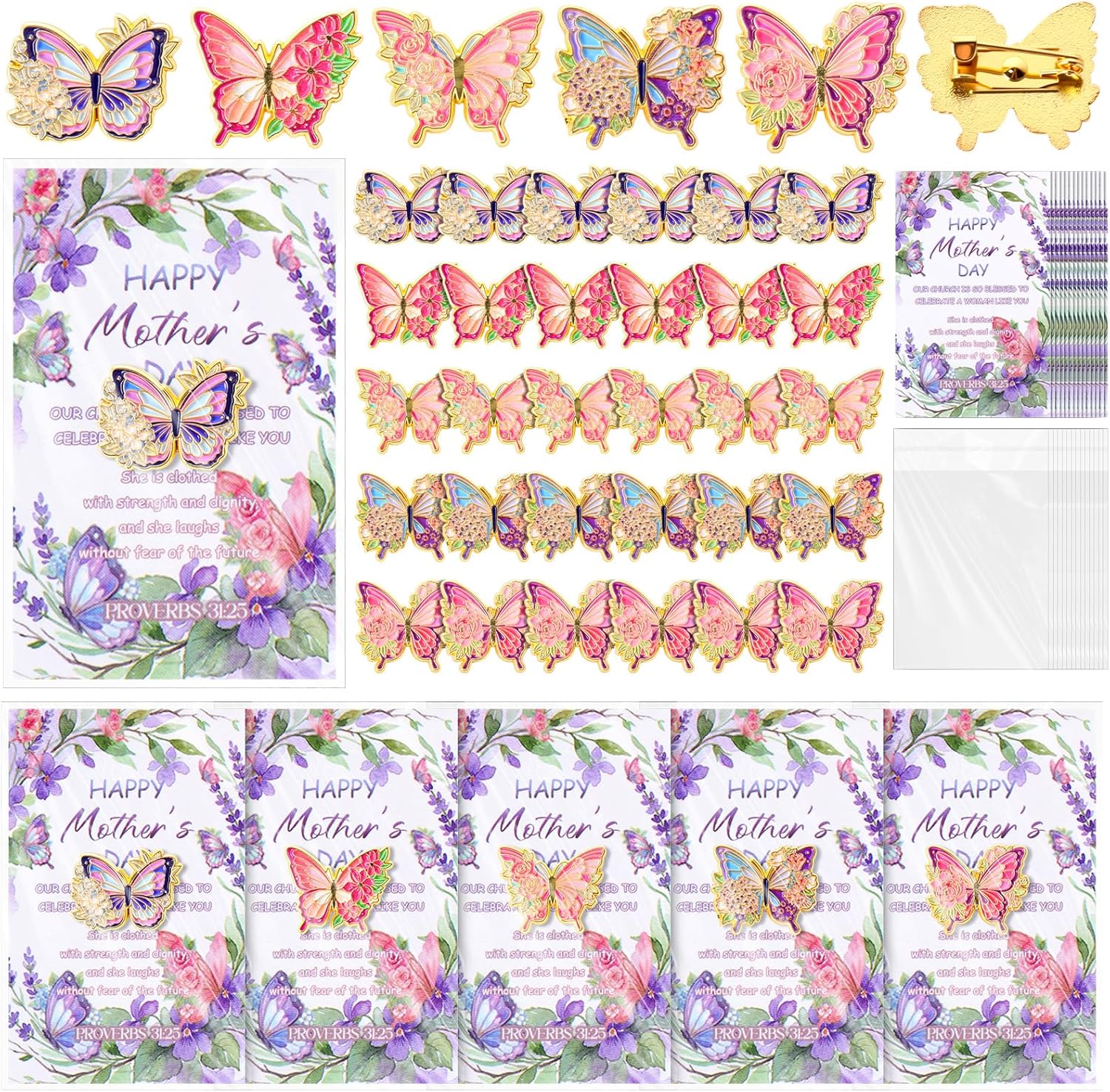 Huwena Mother's Day Butterfly Brooch Pins Bulk with Inspirational Cards Elegant Gifts for Mother's Day Favors