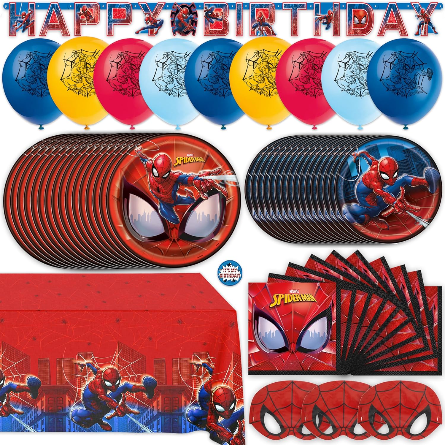 Spiderman Birthday Decorations | Serves 16 | Balloons, Banner, Tablecloth, Masks, Dinner & Dessert Plates, Napkins | Spiderman Party Decorations