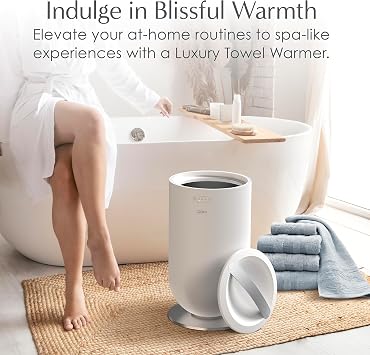 Pure Enrichment PureBliss Luxury Towel Warmer - Extra Large 20L Heats Towels, Robes, Blankets, or Clothing - Modern Bucket Design, 4 Heat Timer Settings & Auto Shut-Off (White & Brushed Silver)