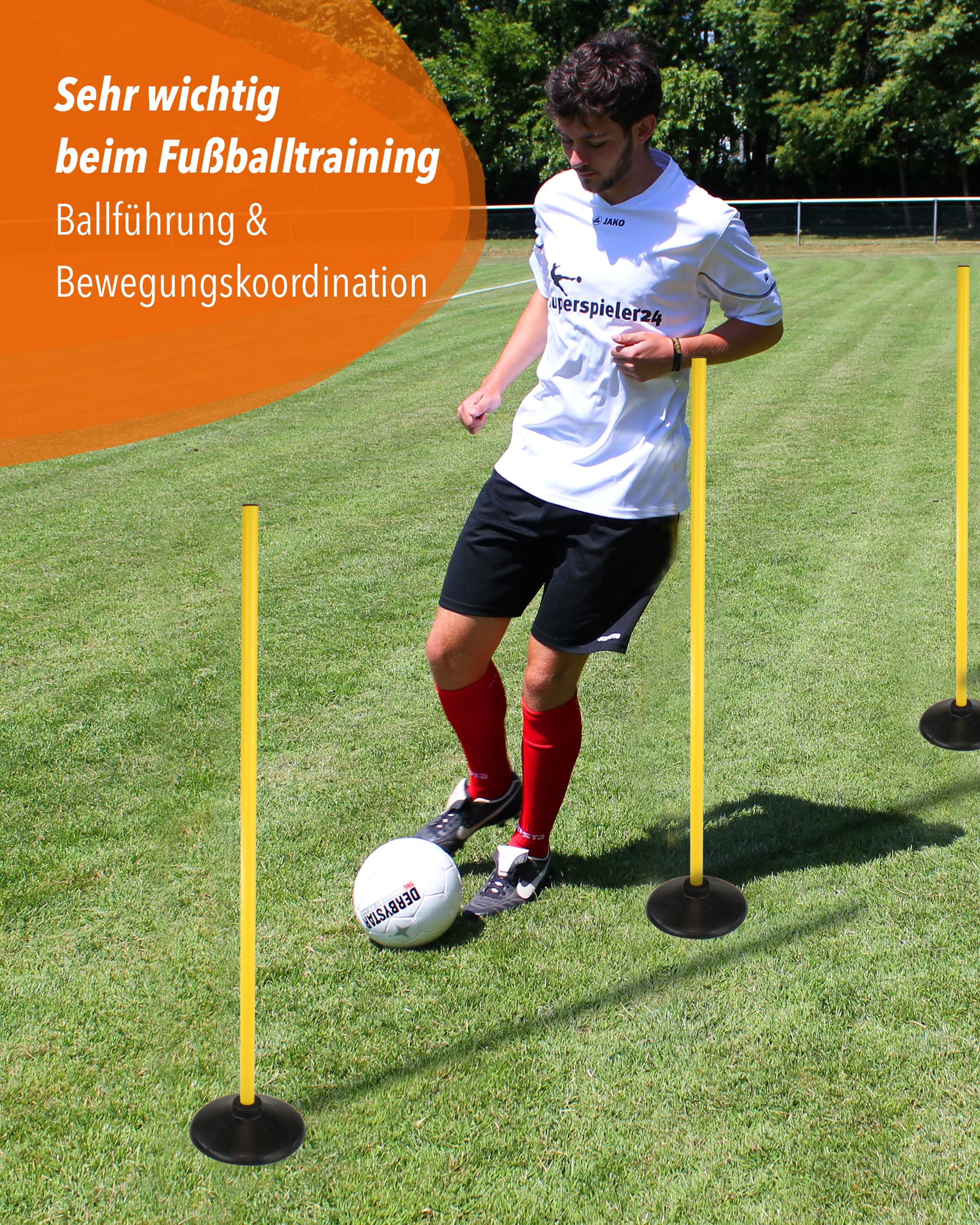 Lot de 4 pieds à disque combinés en caoutchouc plein et barre de 100 cm - Base en caoutchouc et barre d'entraînement pour slalom et entraînement de coordination - Pour football et sports