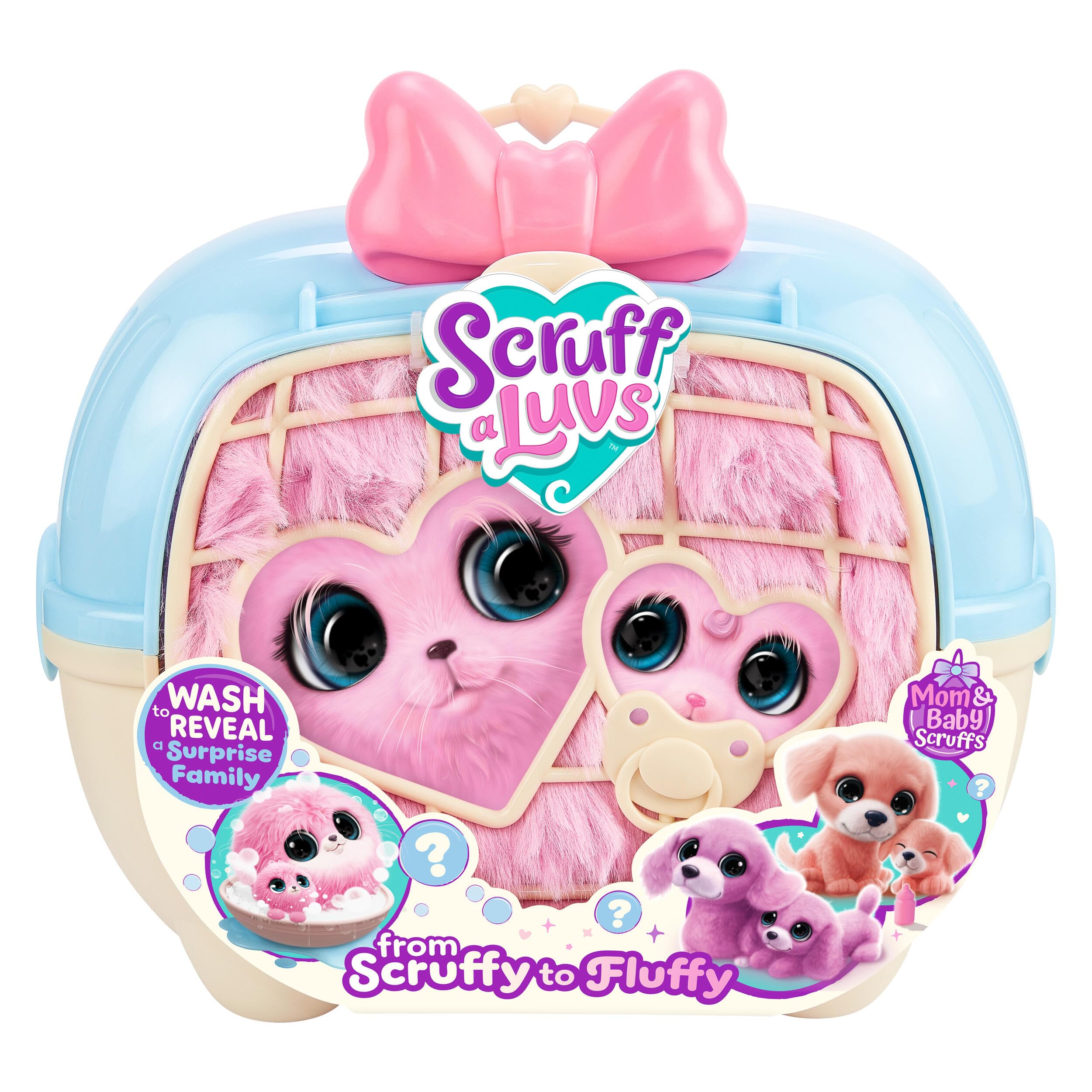ScruffaLuvs Maman et bébé - Teckel - Peluches mystère, Lave et découvre Une Famille de teckels, 1 Chance sur 10 de trouver des Jumeaux - 4 Accessoires et Caisse de Transport Deluxe de 25 cm