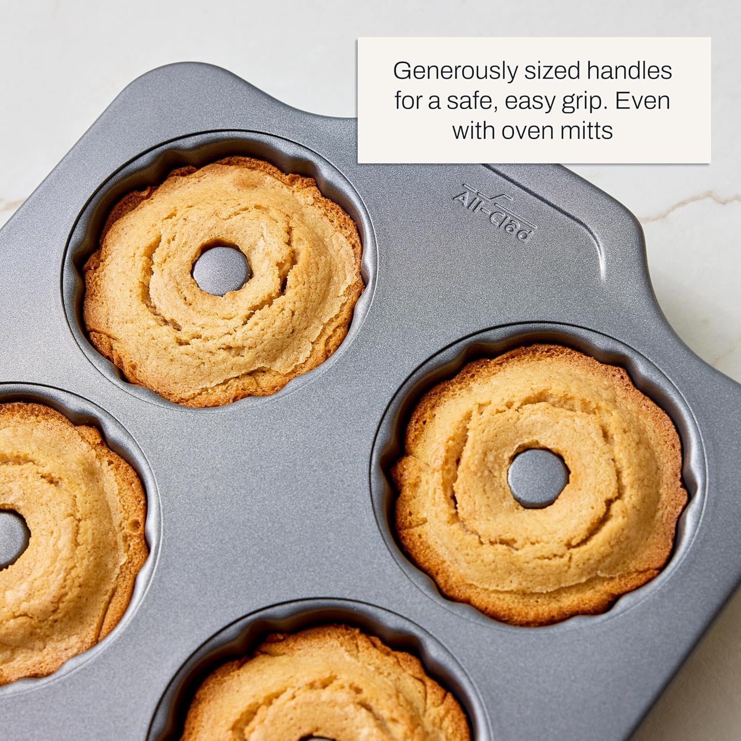 All-Clad Pro-Relelase Nonstick Bakeware, Mini Fluted Cake Pan, 6 Cup, Small Baking Molds, Chocoflan, Donuts, Cornbread, Brownies, Buntz Pound Cake, Durable Ceramic-Reinforced Non stick Coating, Grey