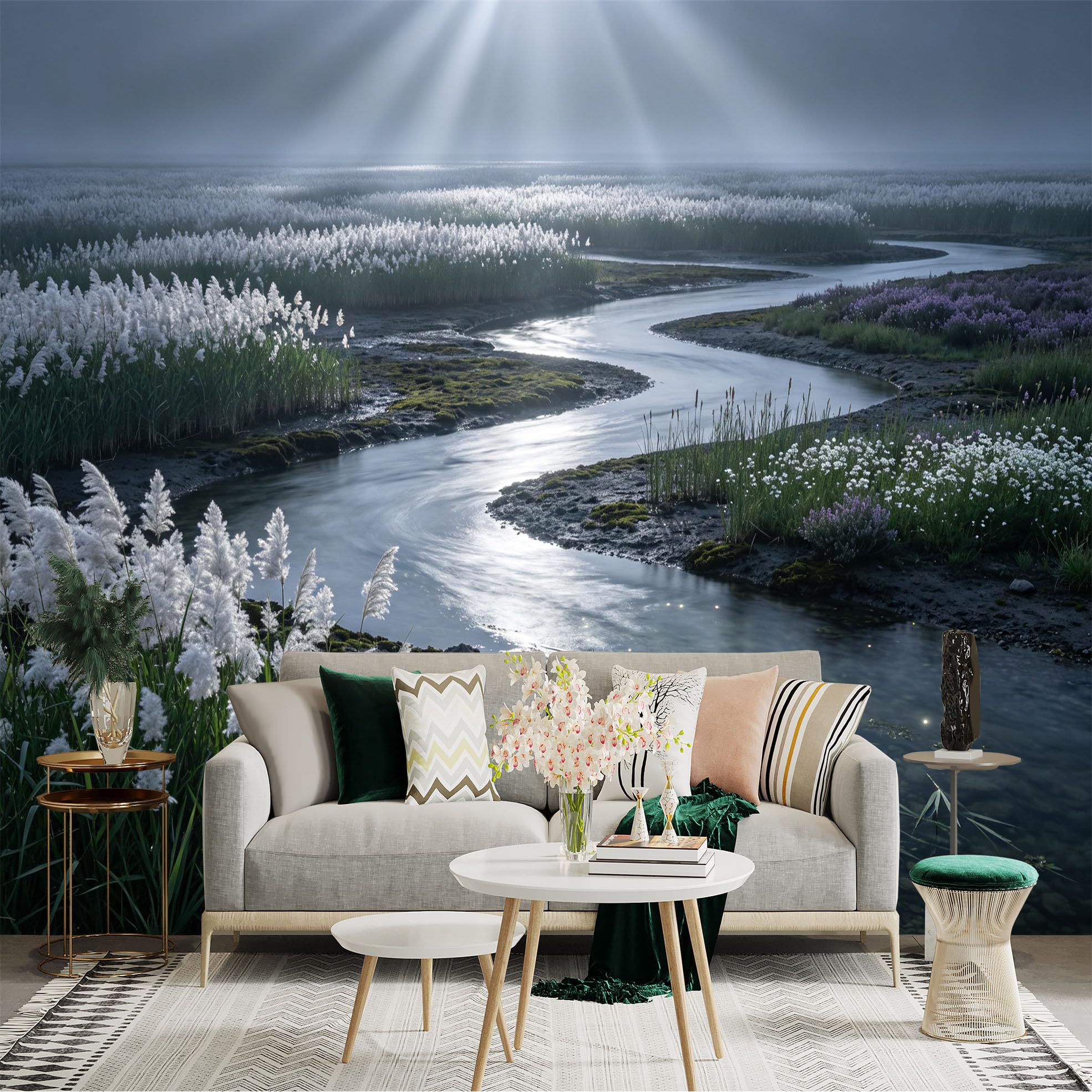 Lnzczhyre Bh260719423 Custom Size Wall Sticker Mural， Serene River Landscape， Misty Wetland Scenery， Reeds And Flowing Water， Sunbeams Over Marsh， For Wall Decoration， Peelandstick Wall Decals.