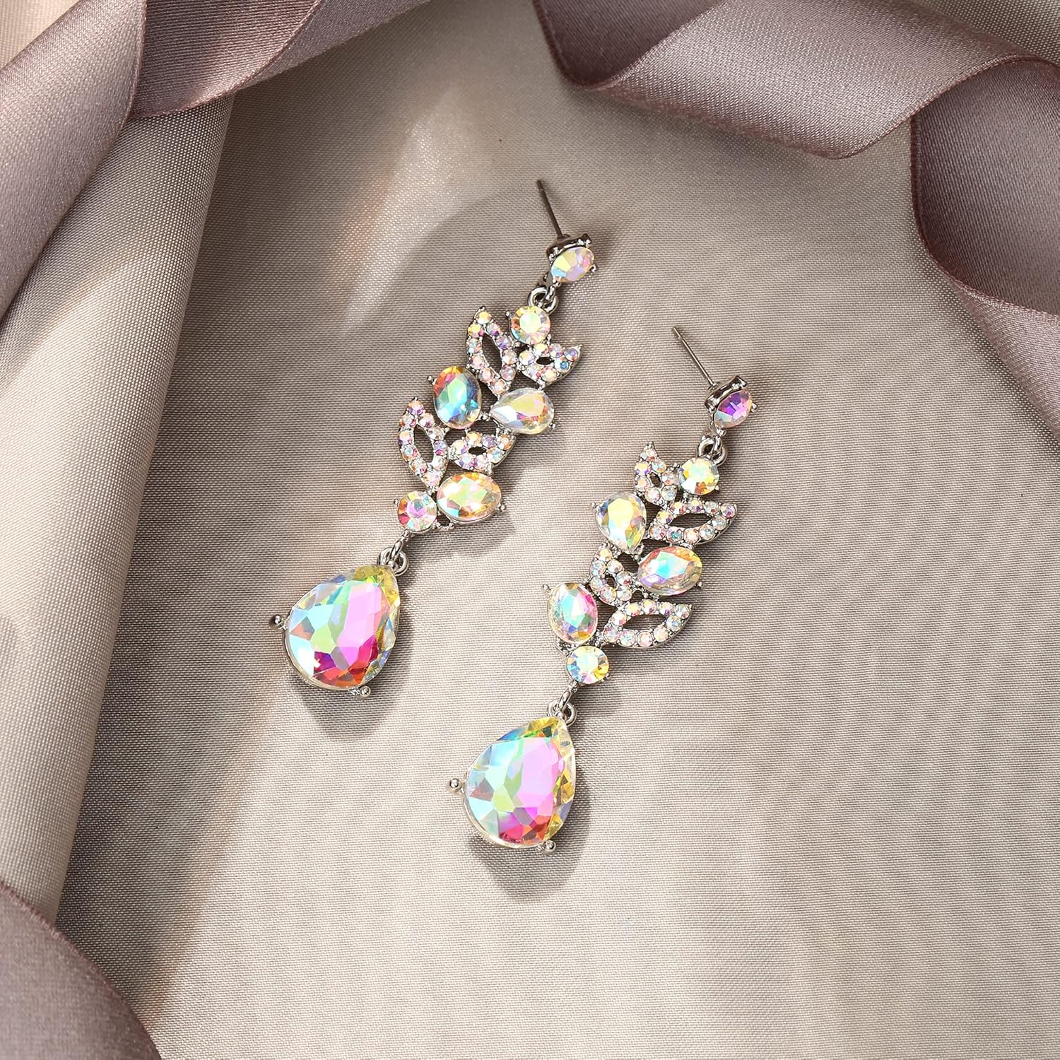 EVER FAITH Wedding Marquise Crystal Dangle Earring for Bridal, Cluster Leaf Art Deco Chandelier Pierced Earrings for Women - Image 3