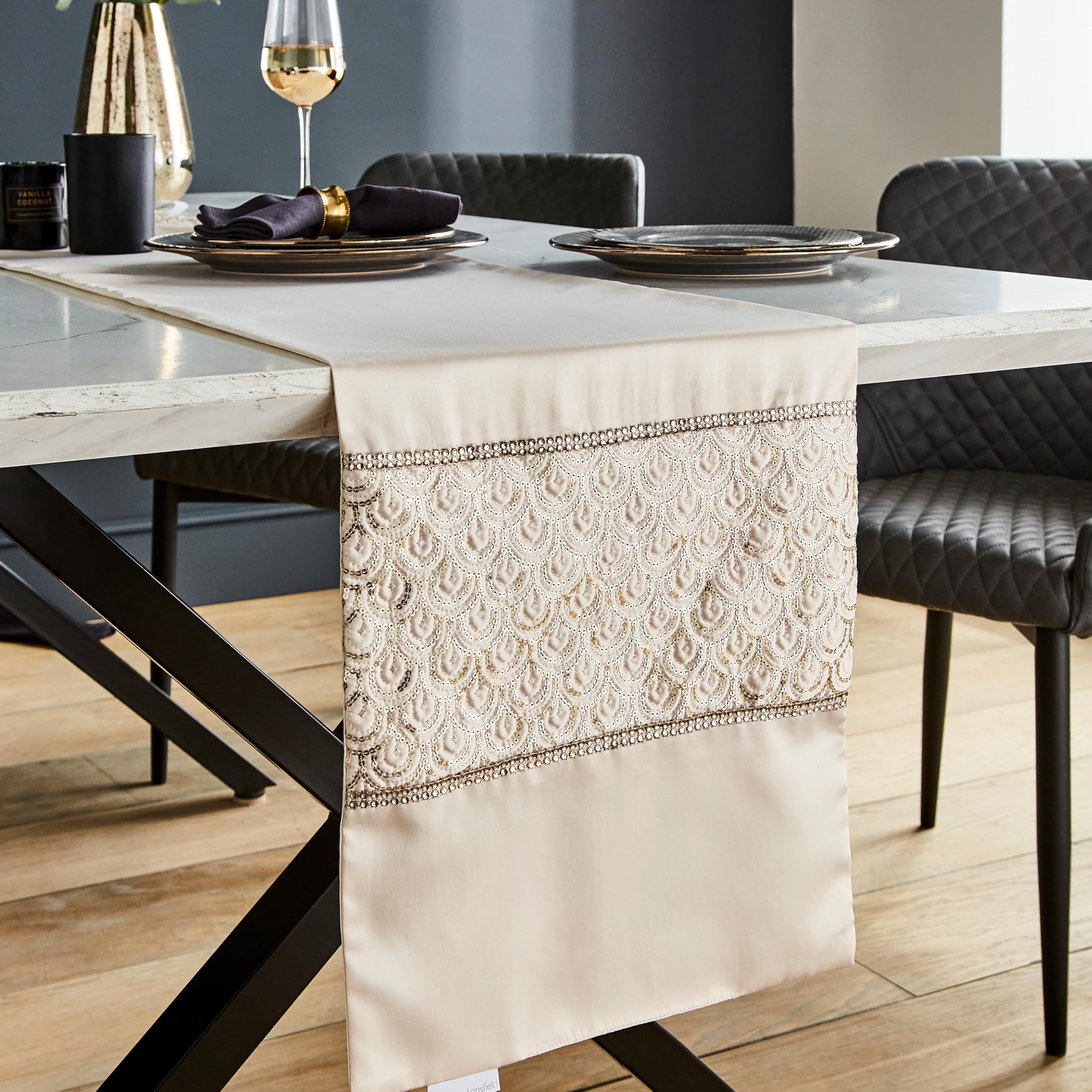 Catherine Lansfield Deco Sequin 32x220cm Dining Table Runner Champagne Gold