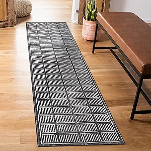 Rugshop Bohemian Stripe Lines Washable Non Slip Runner Rug 2' x 10' Black