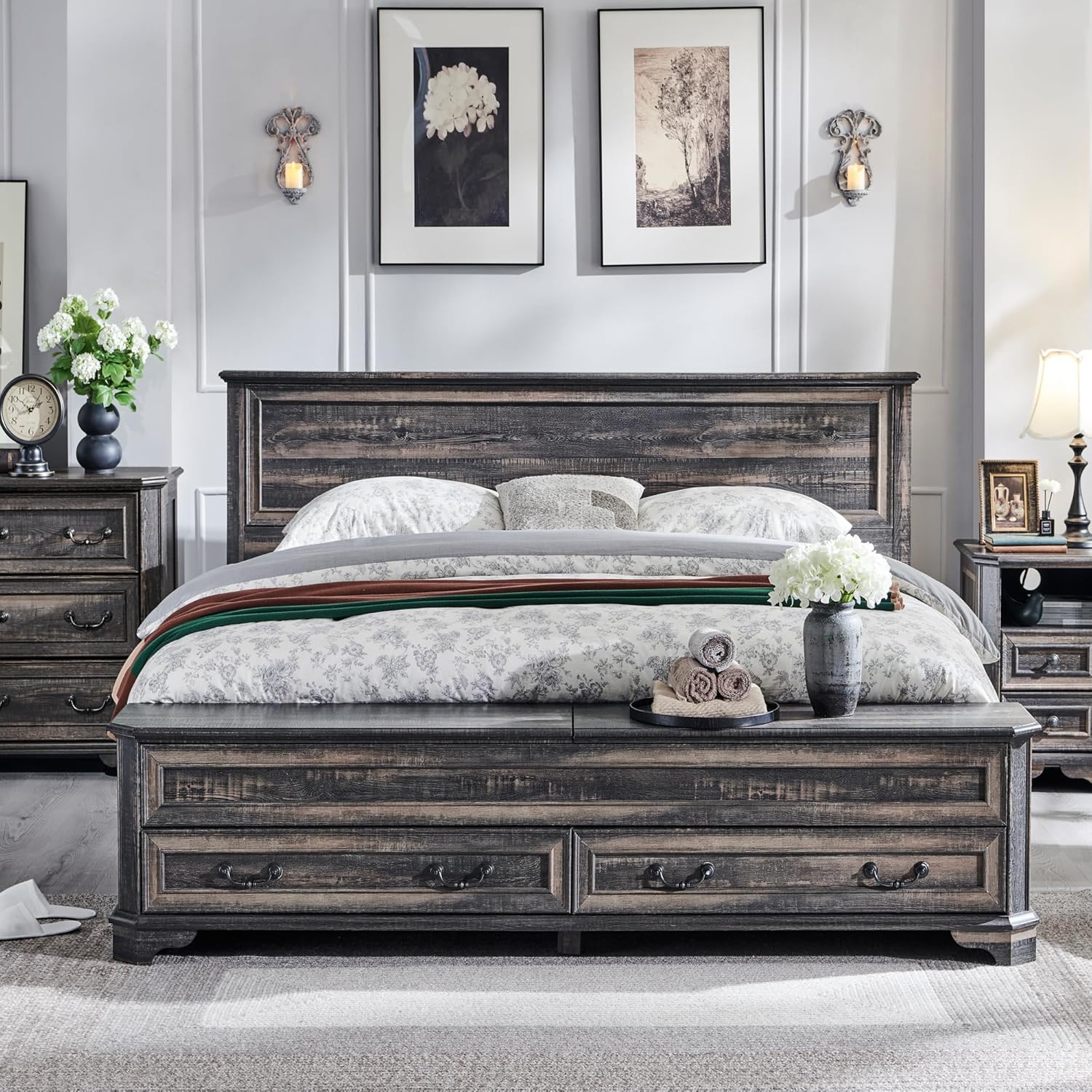 T4TREAM Farmhouse Queen Bed with Headboard and Storage Bench - Rustic Wood Platform Bed with 64" Storage Chest and 4 Large Drawers, Dark Rustic Oak