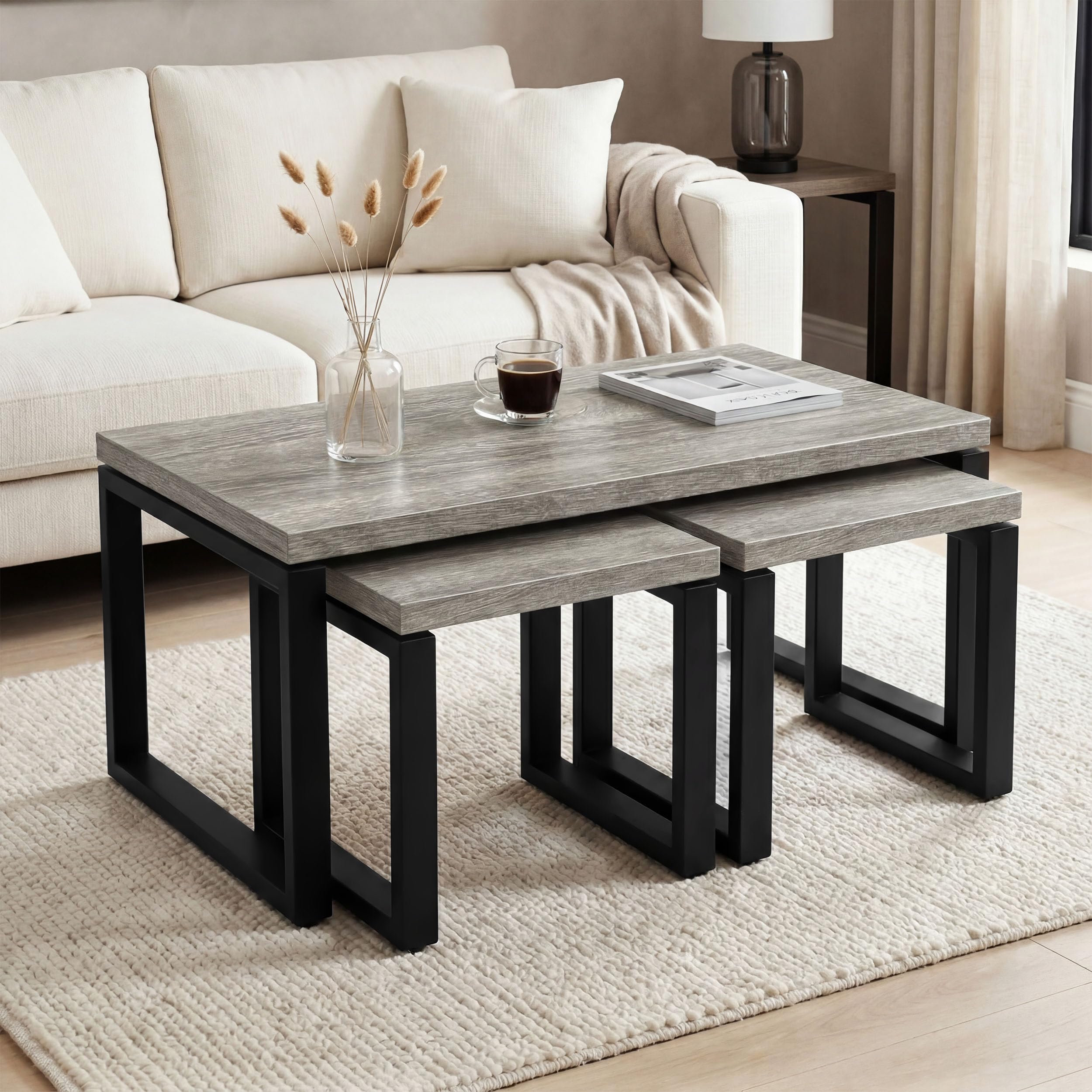 Blisswood Nesting Coffee Table Set of 3, Industrial Sofa Side Tables with 35mm Thick Wood Top, Metal Frame Legs & Slide Under Design, Space Saving Modern Centre & Side Tables for Living Room, Grey Oak โ image 1