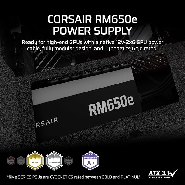 CORSAIR RM650e (2025) Fully Modular Low-Noise ATX Power Supply with 12V-2x6 Cable – ATX 3.1 & PCIe 5.1 Compliant, Cybenetics Gold Efficiency, 105°C-Rated Capacitors, Modern Standby Mode – Black - 2