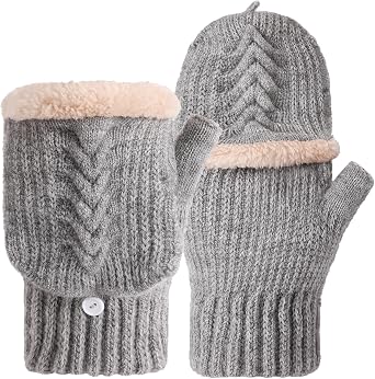 Tavaleu Womens Winter Fingerless Gloves for Men Women Convertible Thermal Knit Touchscreen Gloves with Flip Cover