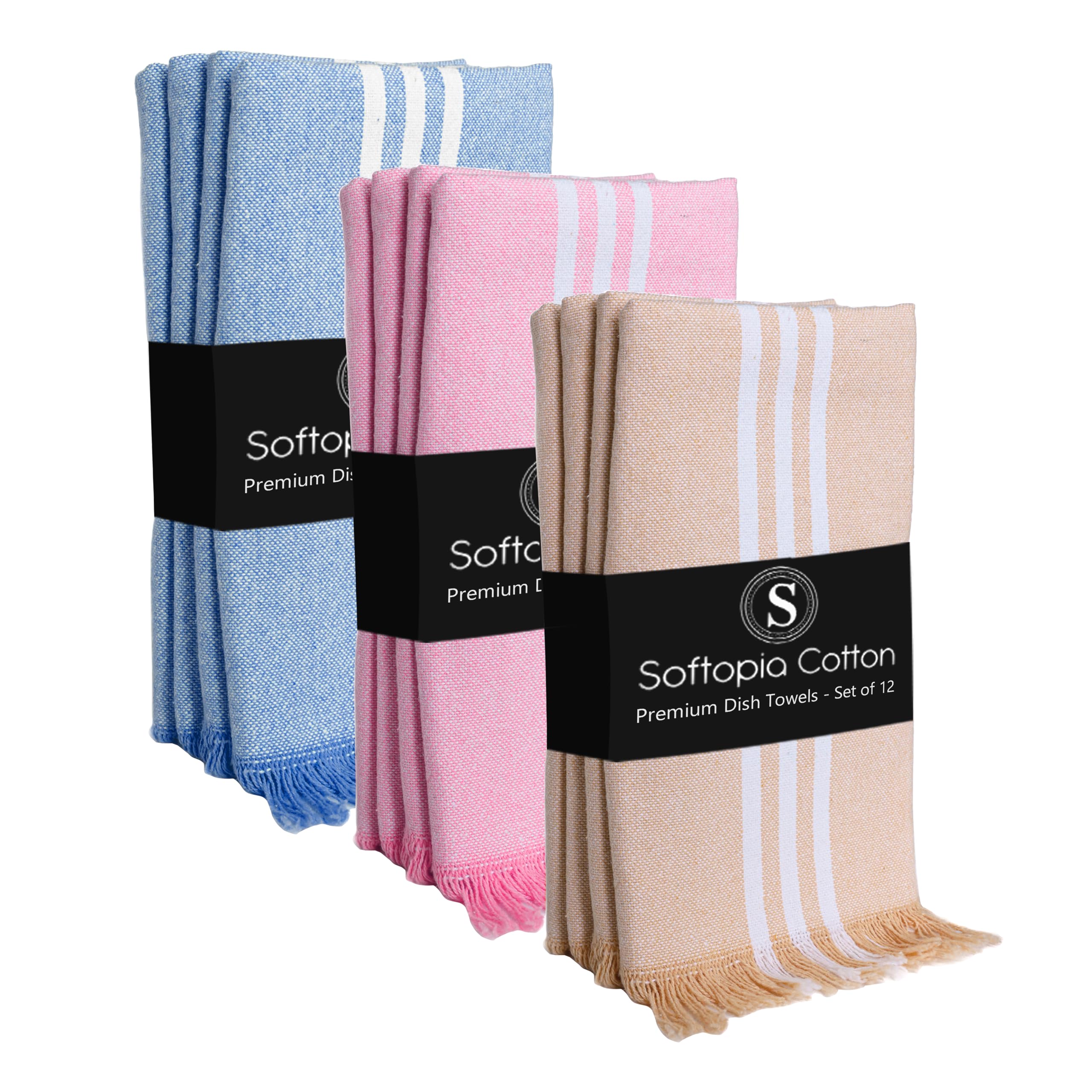 Dish Towels Multicolors 12 Pack, 16x26 Inches, Stripe Kitchen Tea Towels, Reusable Cleaning Cloths, Absorbent Drying Rags for Daily Use, Machine Washable - Beige, Rose Pink, Sky Blue