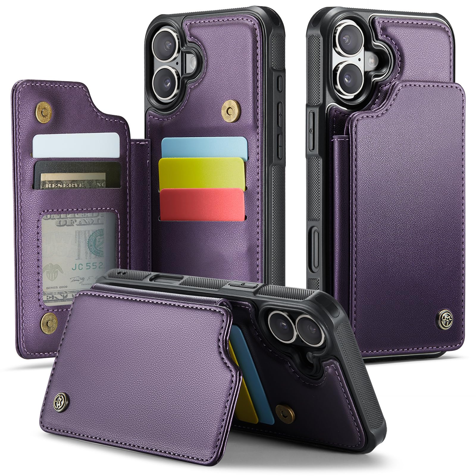 JEEHOOD Compatible with iPhone 16 Plus 6.7" Wallet Case with Card Holder RFID Blocking for Women Men, Double Magnetic Clasp Kickstand Shockproof Phone