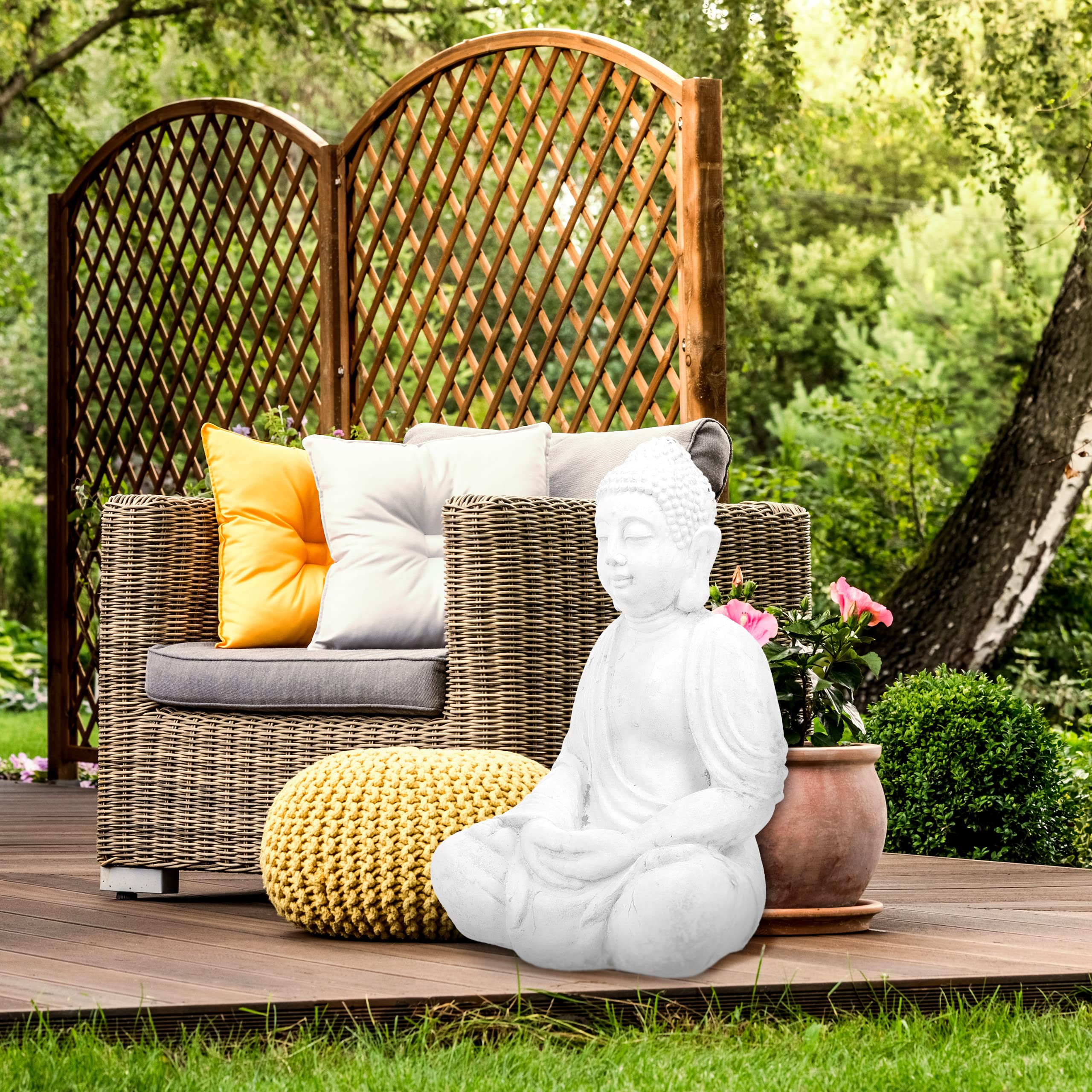 Relaxdays Figura Buda Sentado, 70 cm, Decoración Jardín XL, Resistente Intemperie y Heladas, Escultura Exterior, Blanco