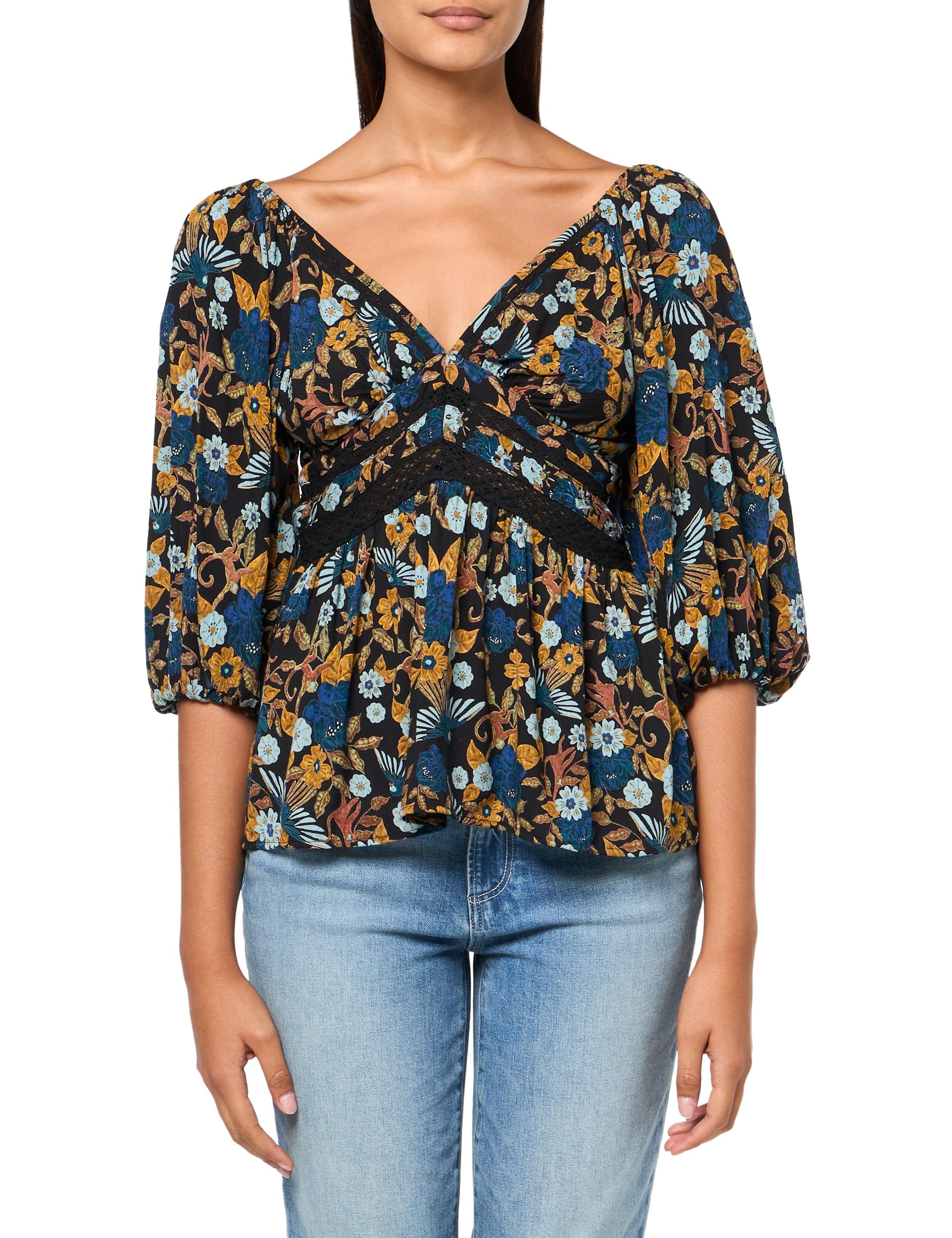 Angie Women's V-Neck Printed Crochet Trim Half Sleeve Top