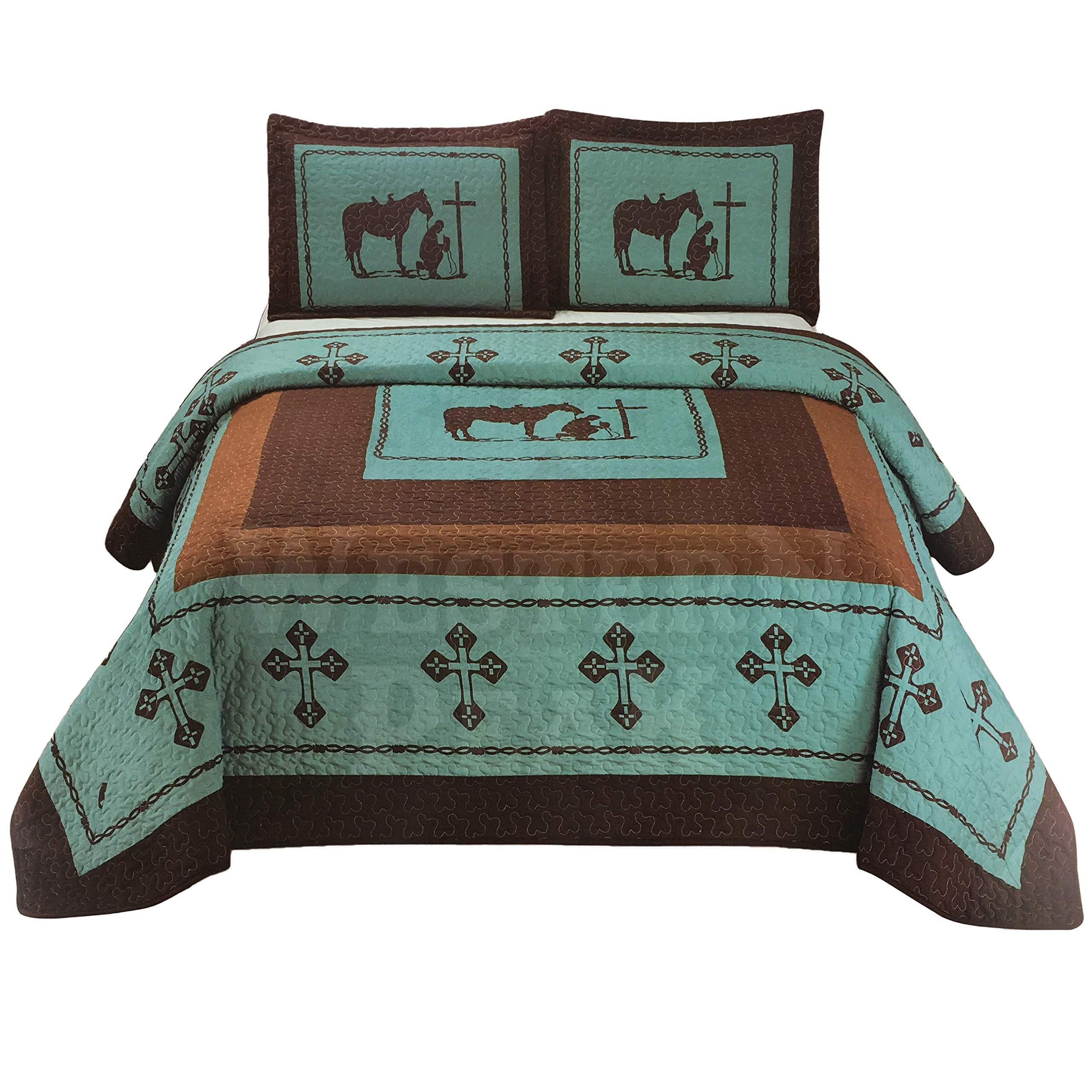 Western Peak Praying Cowboy Horse Barb Wire Star Cabin Lodge Luxury Quilt Bedspread Coverlet Comforter 3 Piece Beige Brown Set (Turquoise King)