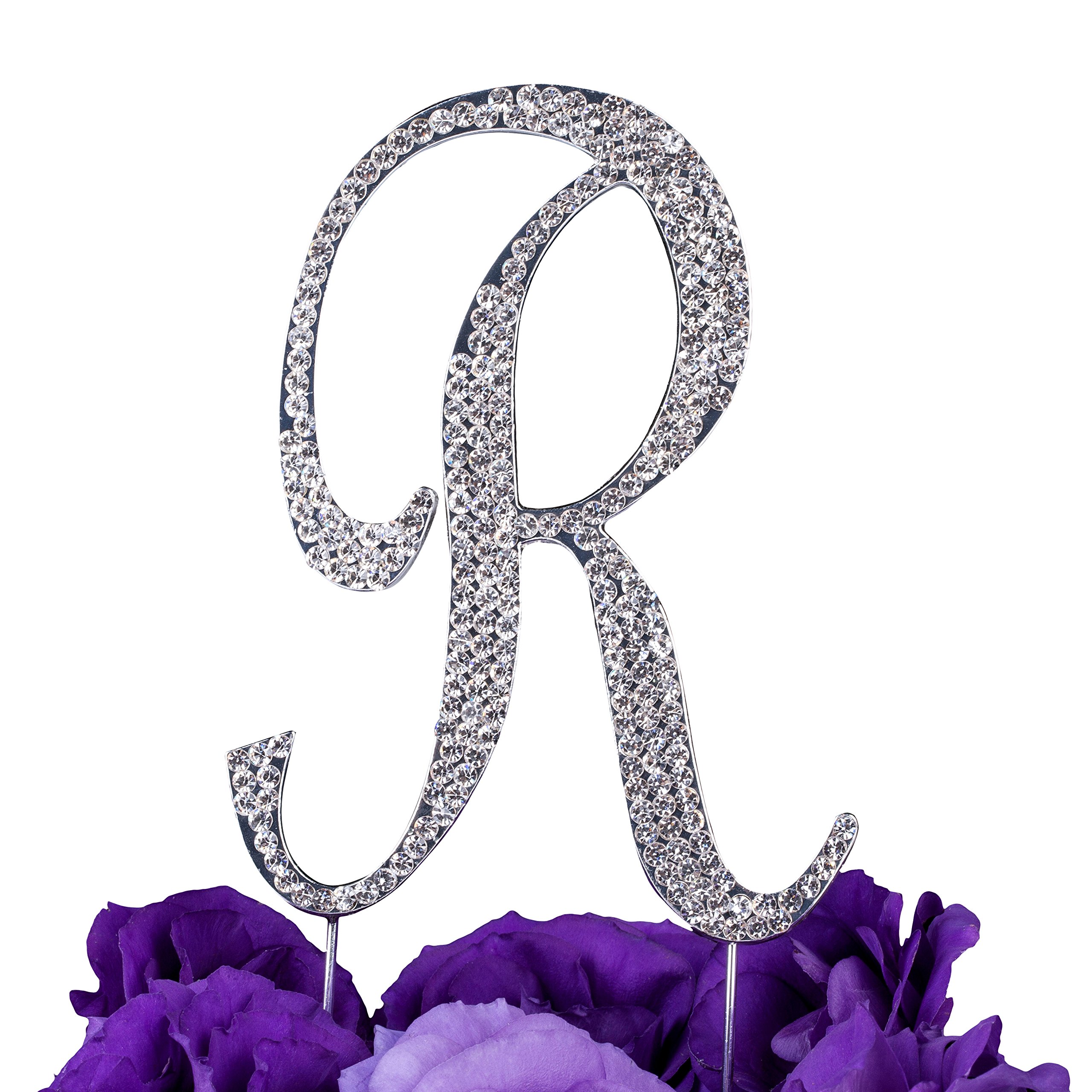 LOVENJOY Gift-Boxed 3.3" Rhinestone Letter R Cake Topper Silver