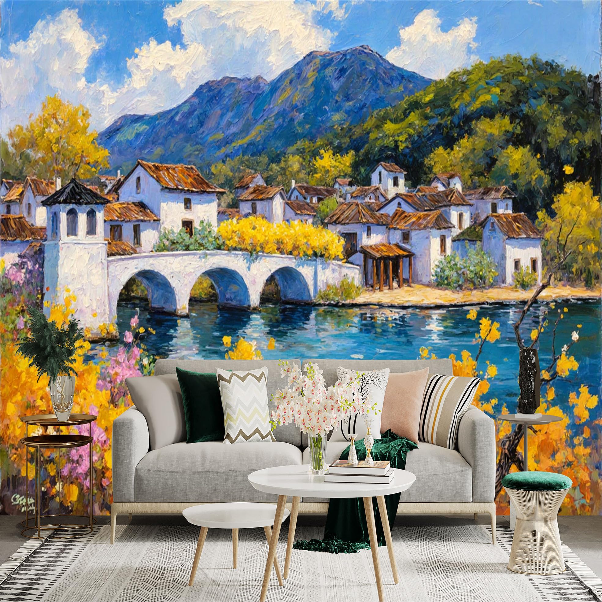 Custom Size Wall Sticker Mural， Oil Painting of European Village， Stone Bridge Over River， Scenic Lakeside Houses， Autumn Foliage Landscape， for wall Decoration， peelandstick wall Decals.
