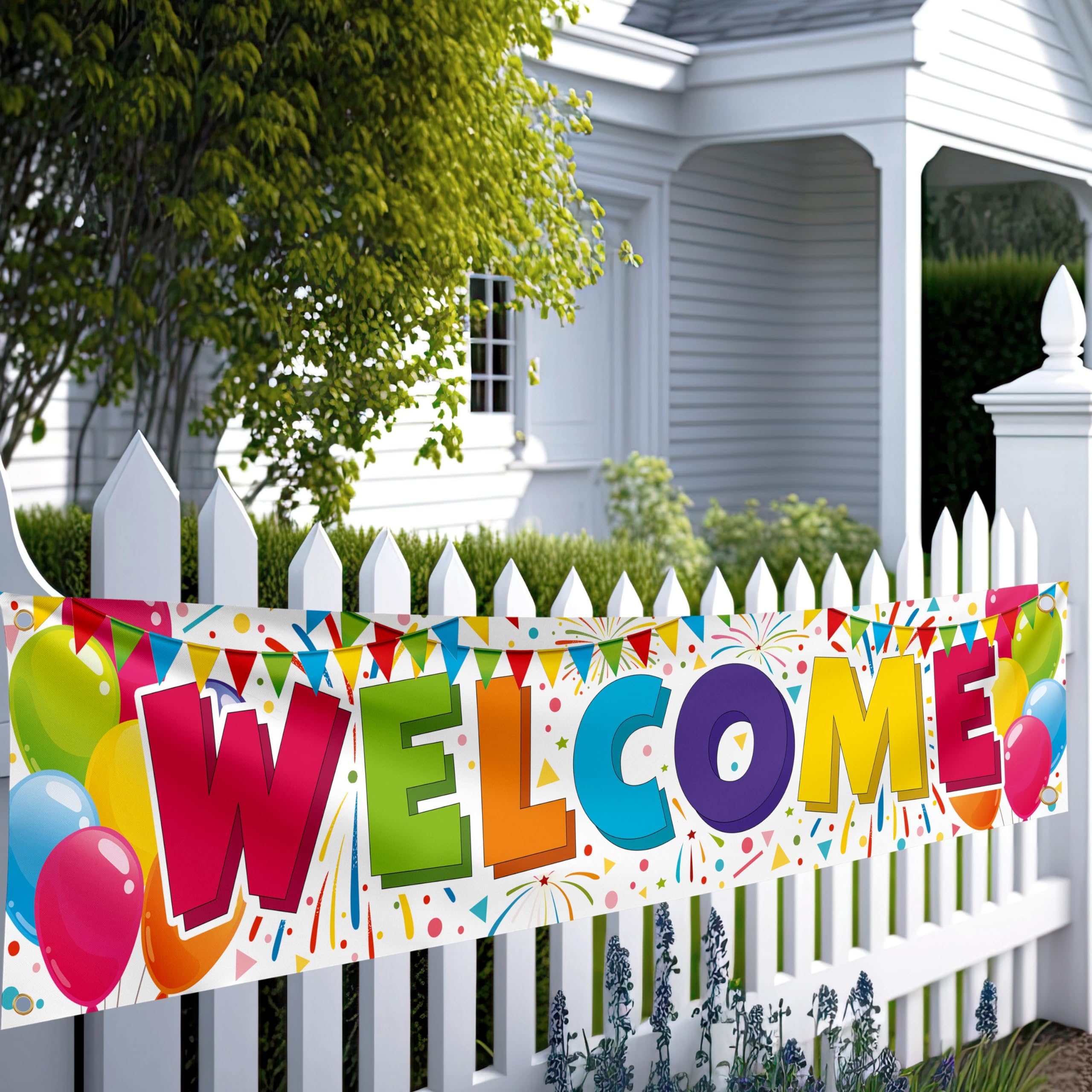 Banner de bienvenida – Cartel de bienvenida a casa – Cartel de bienvenida de 1,8 x 0,4 m – Decoraciones de bienvenida para el hogar – Doble costura (blanco)