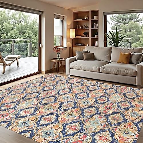 Boho Vintage Flower Washable Area Rug 5 x 7 Ft, Bohemia Retro Floral Soft Non Slip Large Rugs Indoor Home Decor, Entryway Floor Carpet Living Room Bedroom Kitchen Dining Room Decoration
