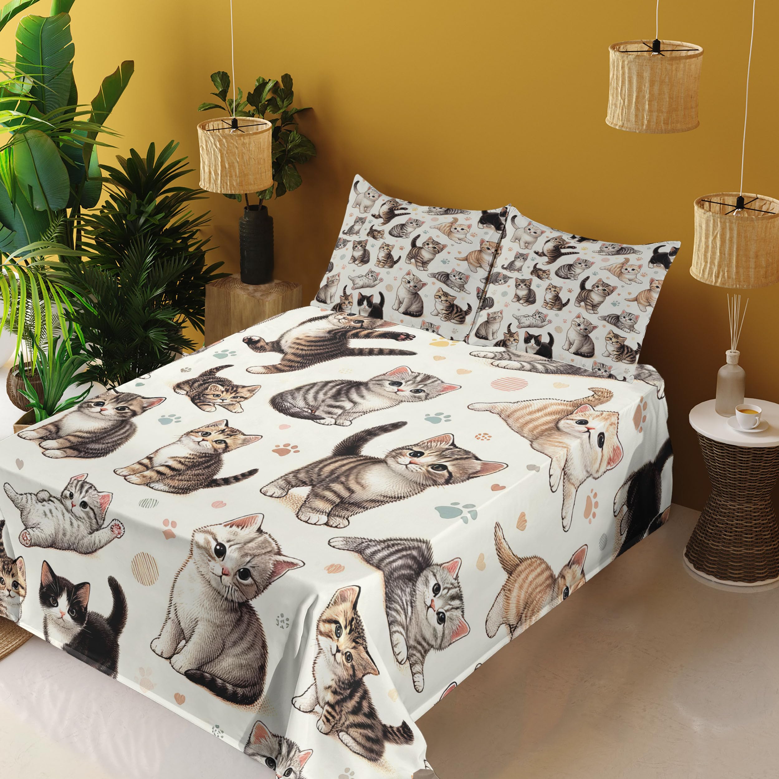 Ambesonne Cat Sheet Set, Pattern of Little Kittens Playful Poses Joyous Concept Pastel Paw Prints, Fitted and Flat Sheet with Pillowcases Bedding