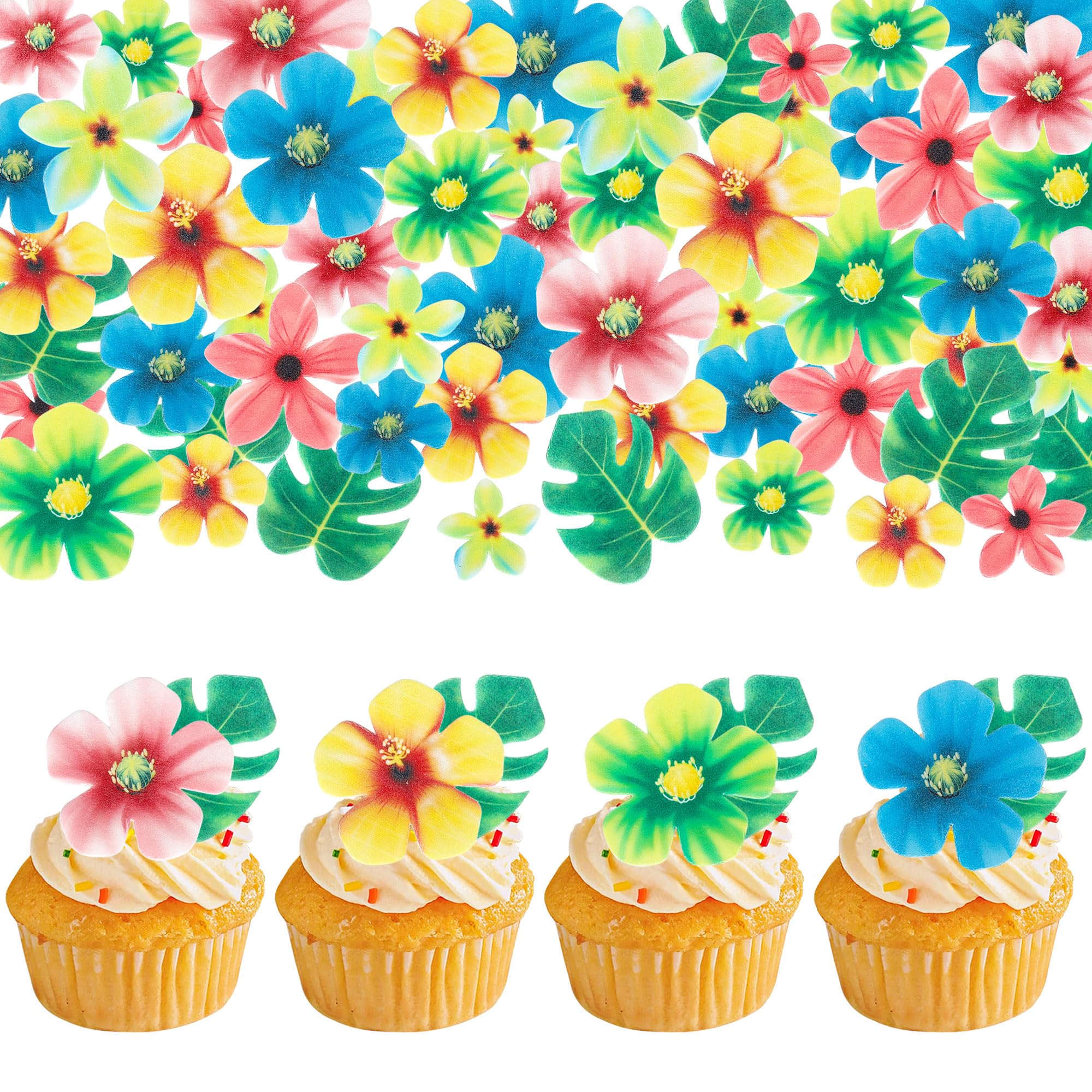 83 PCS Edible Tropical Palm Leaves and Hawaii Flowers Cupcake Toppers Edible Flowers Cupcake Picks Hawaii Theme Cake Decorations for Jungle Theme Birthday Party Wedding Cake Decoration Supplies