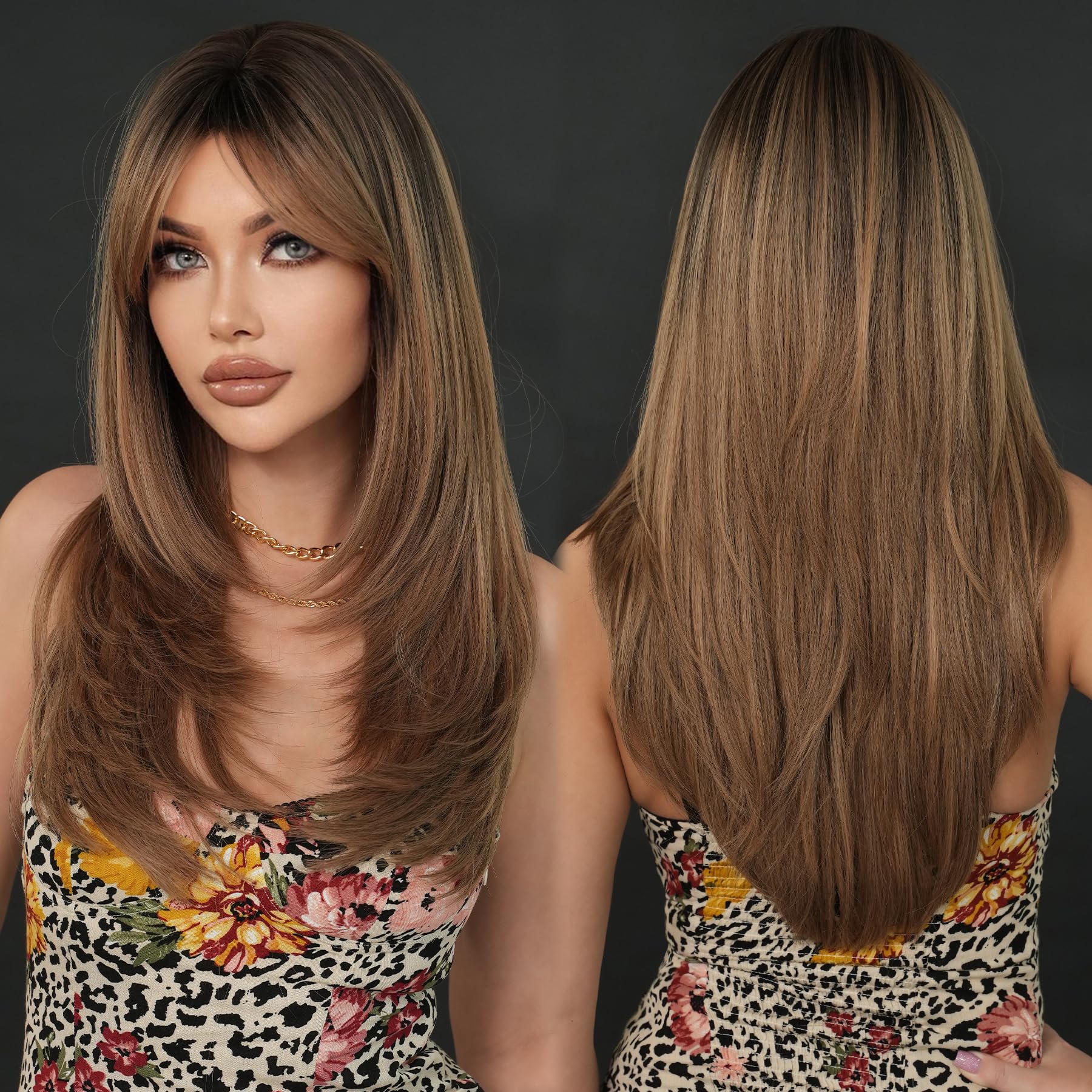 Long Blonde Brown Highlight Human Hair Wig with Bangs Layered Dark Roots Glueless Lightweight Breathable for Women Daily Use Real Hair (Brown,26inch)