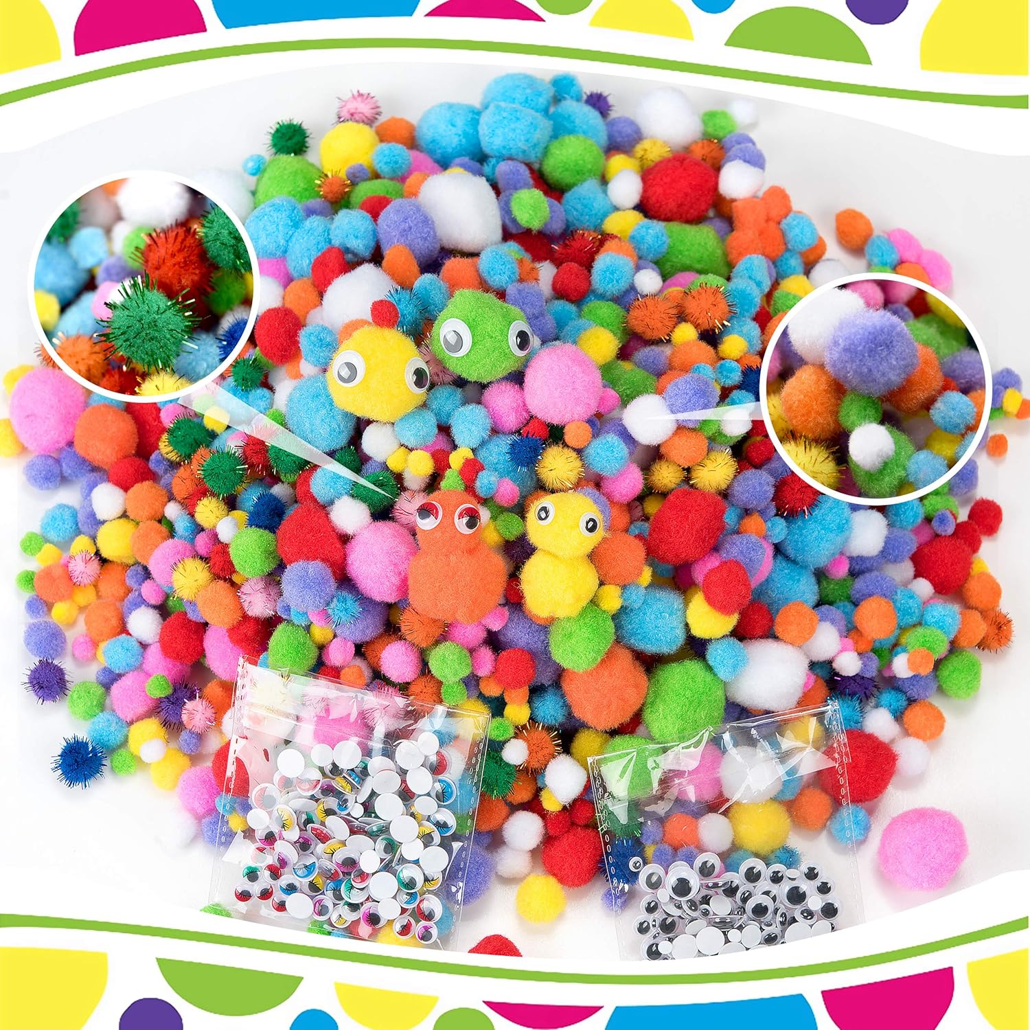 EpiqueOne 2100pc Art & Craft Supply Kit - Large/Giant Pom Poms & Small/Mini Pom Poms, Colored Adhesive Googly Eyes, Rainbow Glitter Pompom Balls - Kids Collage & Critter Crafting w/Colorful Puff Ball : Arts, Crafts & Sewing