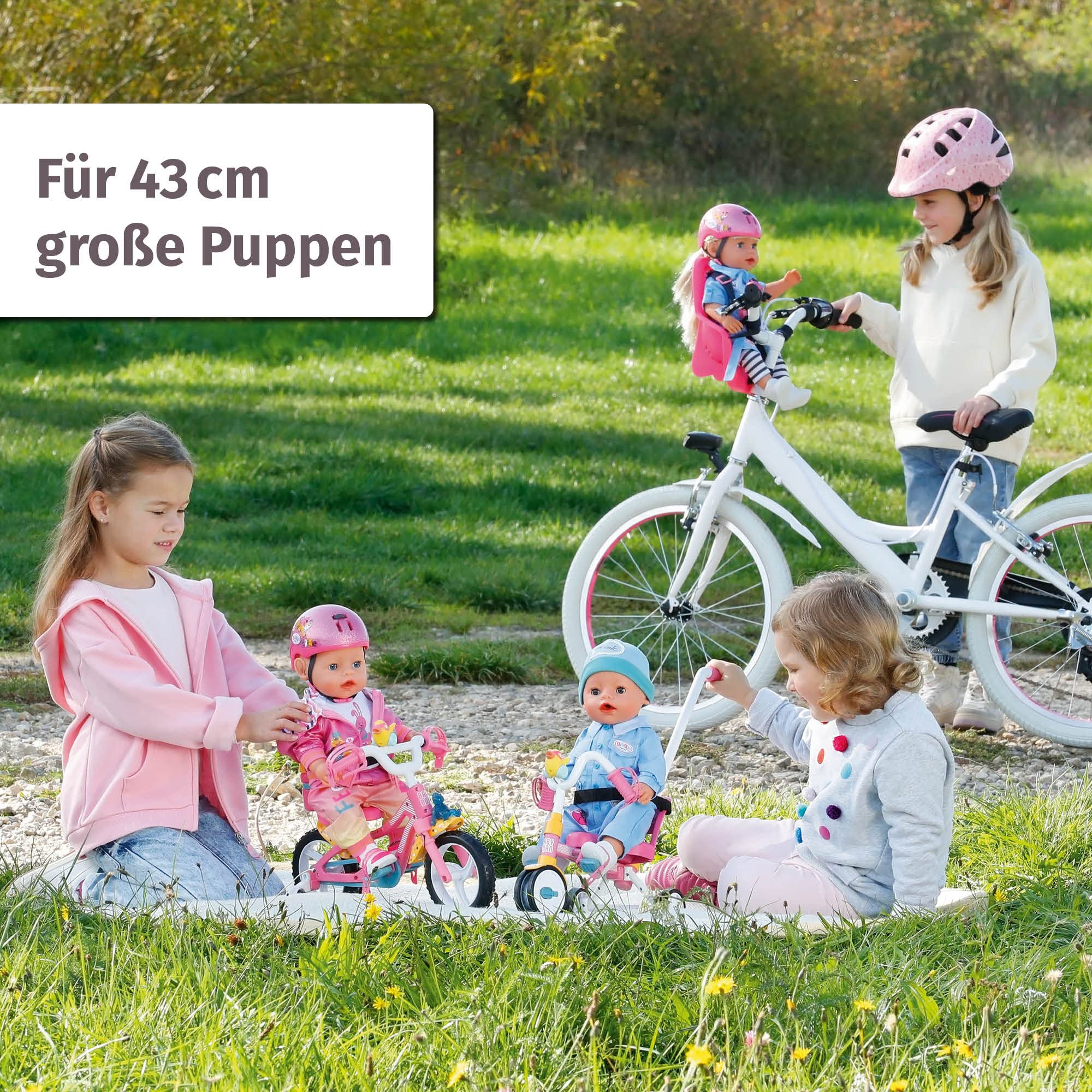 BABY Born Zapf Creation 835210 Fahrrad- rosa Puppenfahrrad für 43cm große Puppen mit Stützrädern, Schlaufen und Sicherheitsgurt, Blinklicht, Hupe und Flasche.
