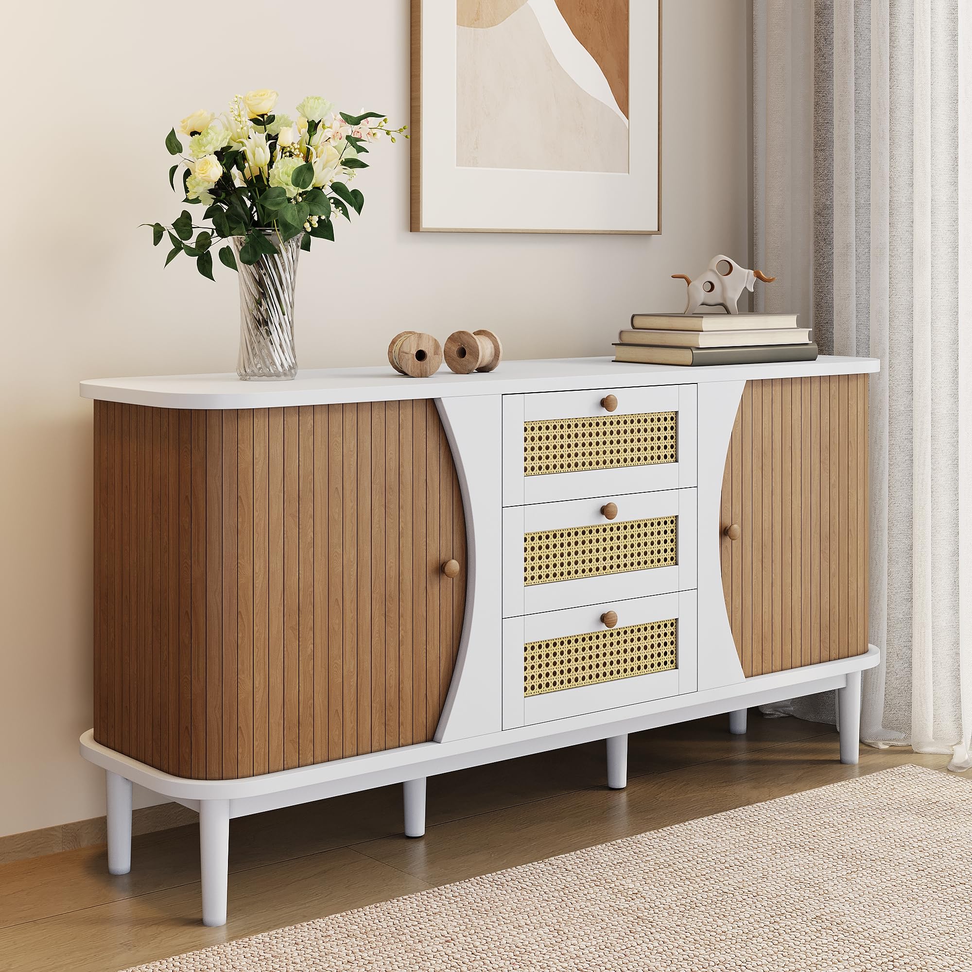 Cassettiera in rattan bianco, stile boho, 140,5 cm, con cassetti in rattan, design arrotondato, per soggiorno, sala da pranzo, corridoio