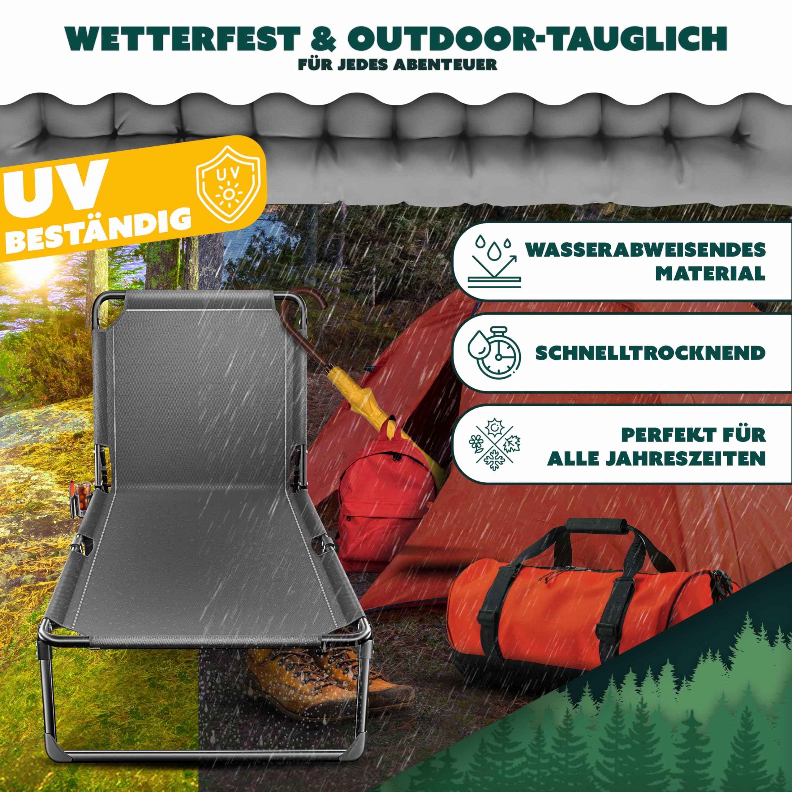 KESSER® Campingbett Feldbett klappbar 190x68x30cm bis 250kg belastbar aus Oxford-Gewebe & stabilem Stahlgerüst, Sonnenliege für Camping inkl. Tragetasche, Nackenkissen, Seitentasche & Getränkehalter