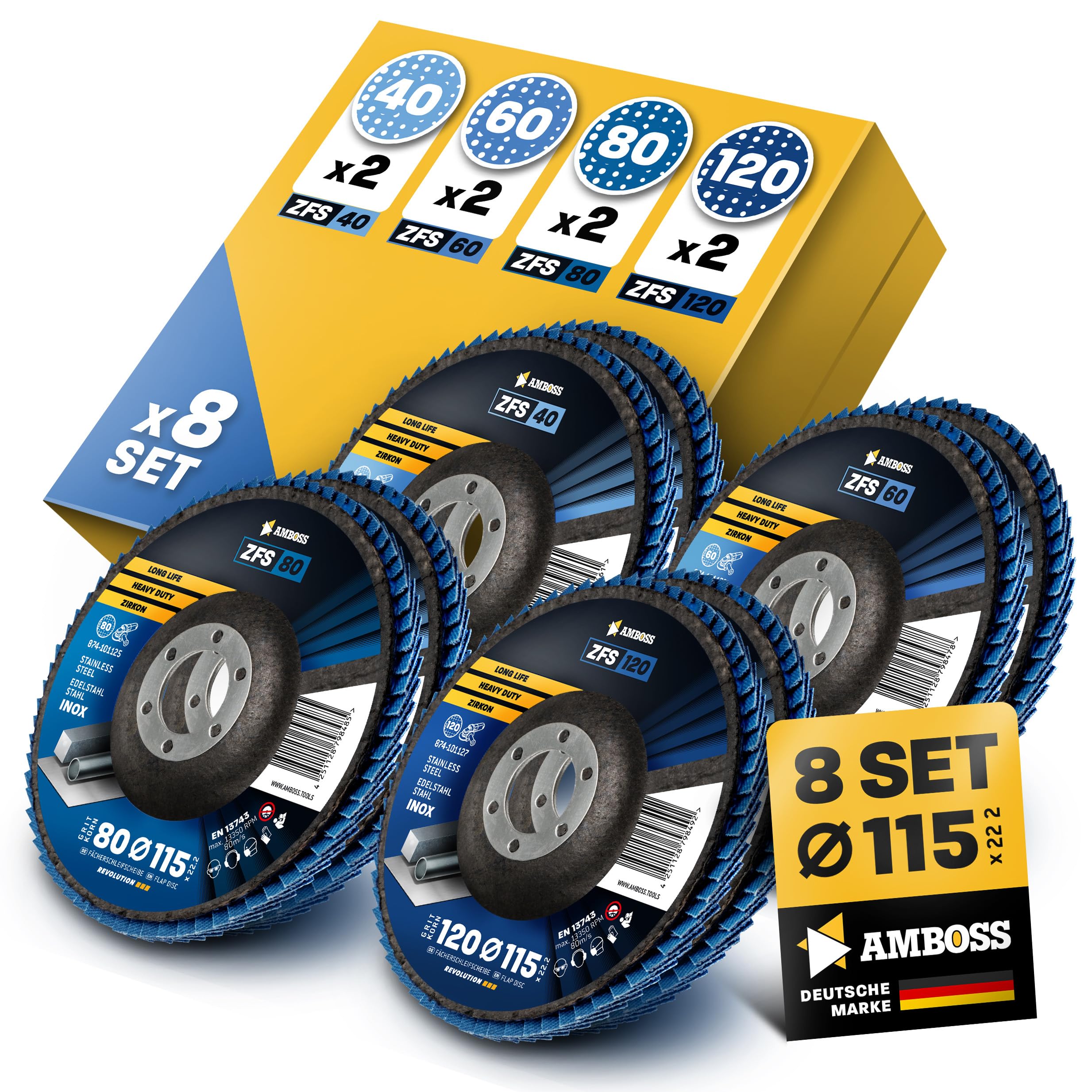Amboss Werkzeuge ZFS Fächerschleifscheibe Set Ø115 mm / 22,2 mm Bohrung / Korn 40-120